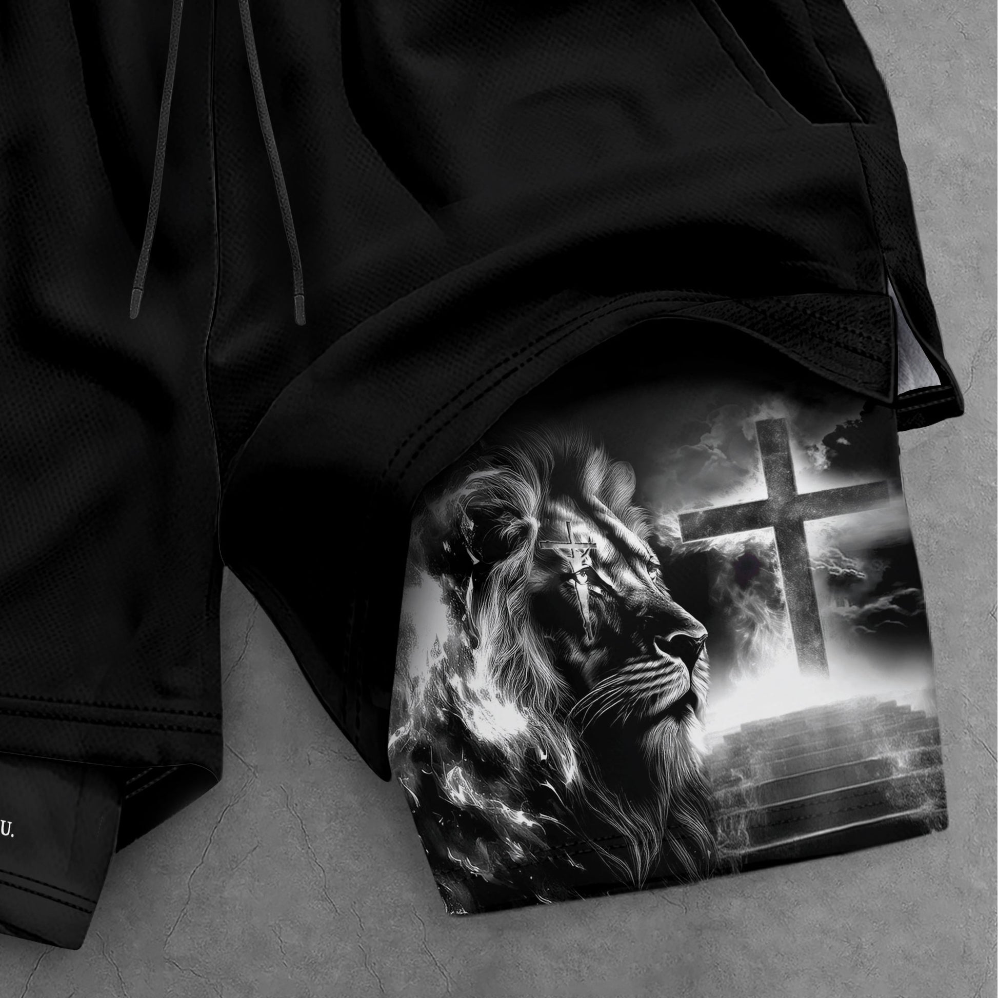 Joshua 1:9 Christian Gym Shorts for Men Lion Cross Crucifix Design - Rust Field Wear