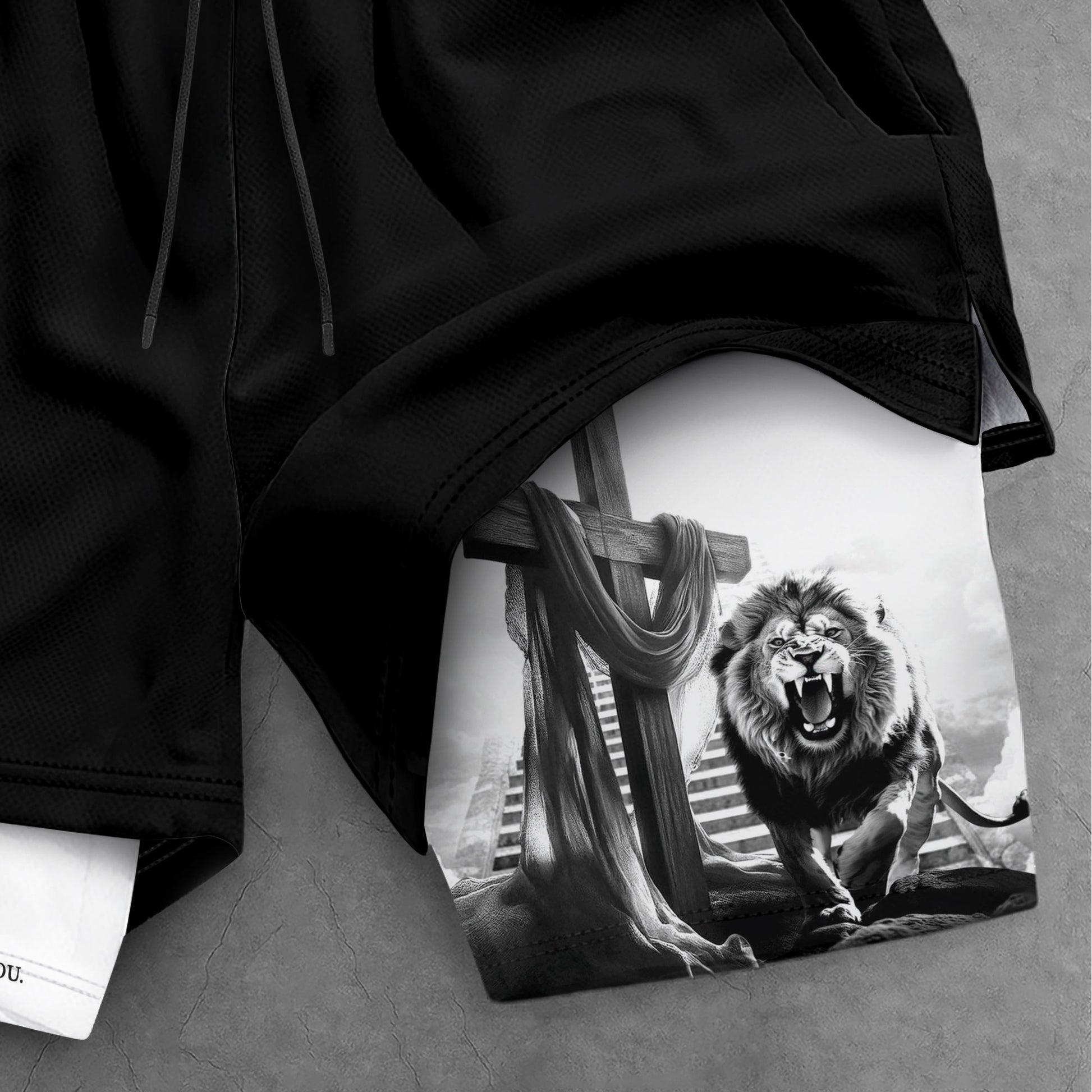 Joshua 1:9 Christian Gym Shorts for Men Lion Cross Courage Design - Rust Field Wear