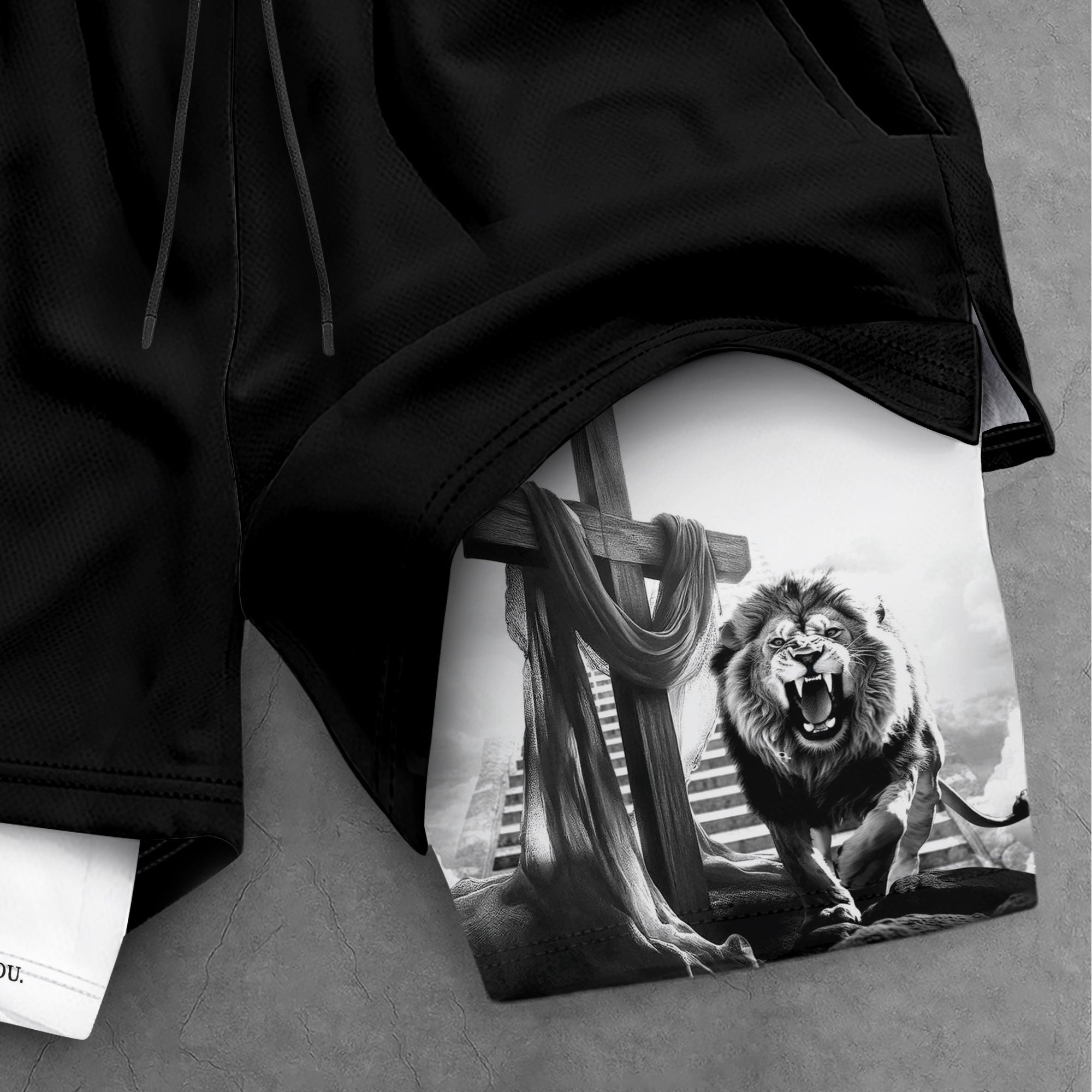 Joshua 1:9 Christian Gym Shorts for Men Lion Cross Courage Design - Rust Field Wear