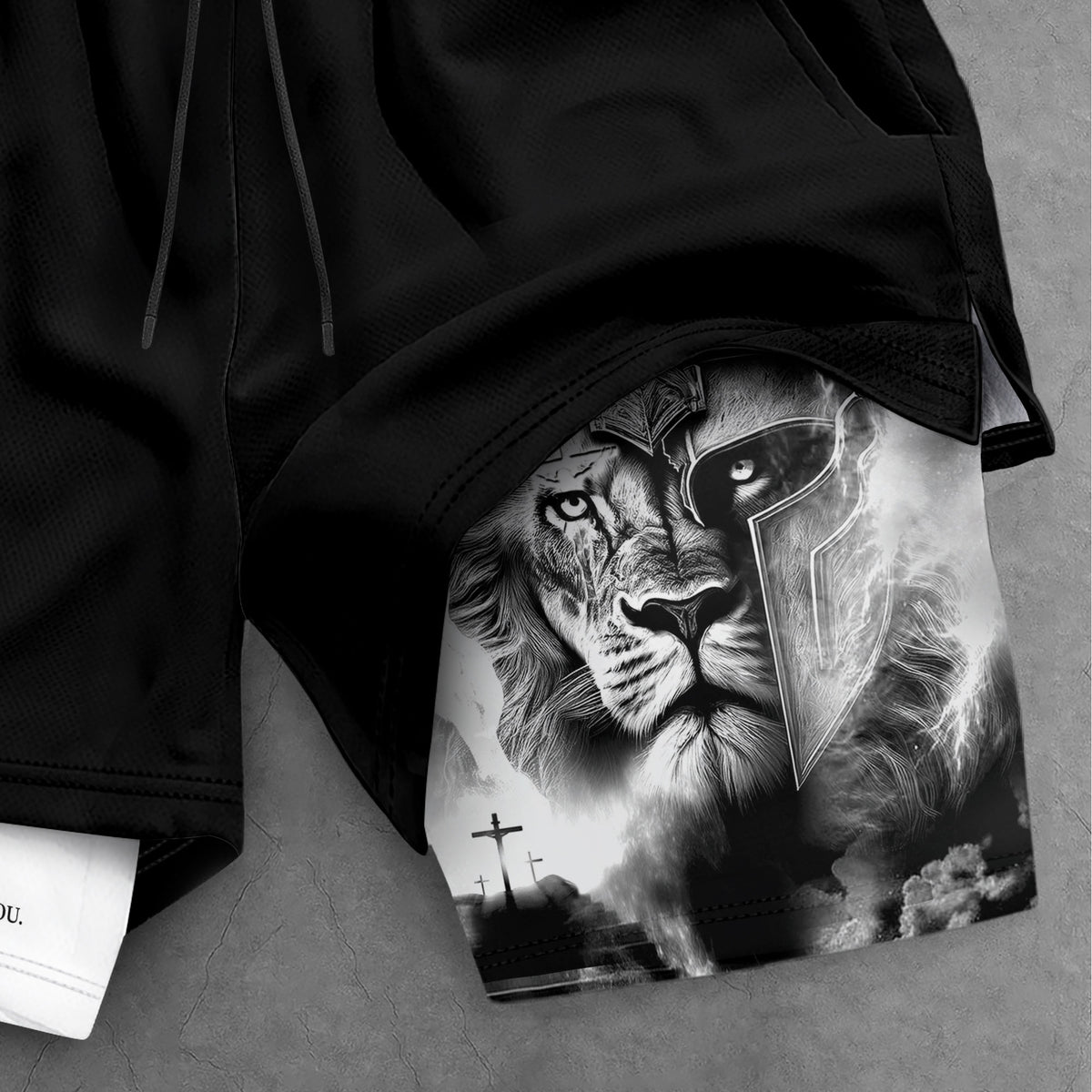Joshua 1:9 Christian Gym Shorts for Men Lion Warrior Cross Design - Rust Field Wear