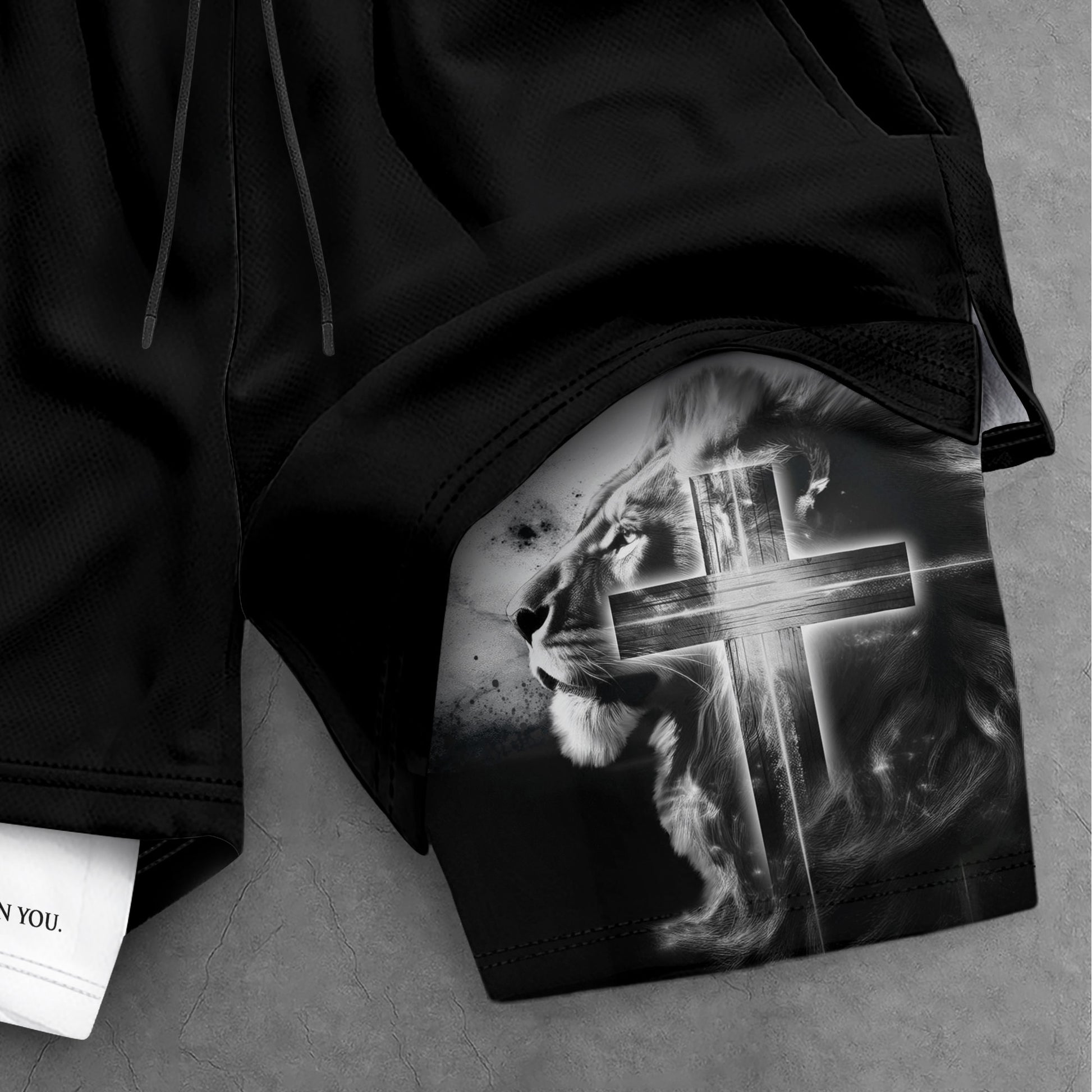 Psalm 56:3 Christian Gym Shorts for Men Lion Cross Faith Design - Rust Field Wear