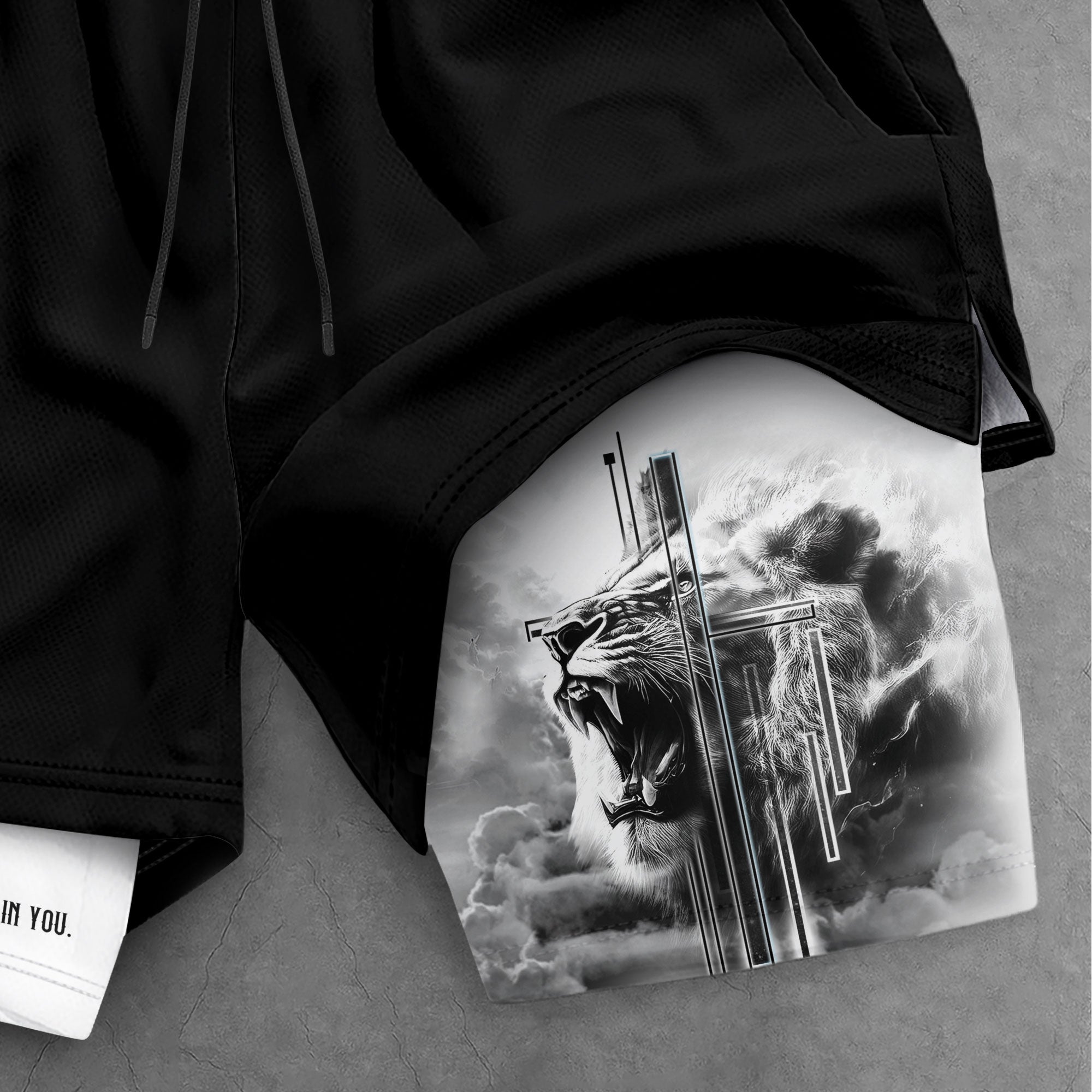 Psalm 56:3 Christian Gym Shorts for Men Fearless Lion Cross Design - Rust Field Wear