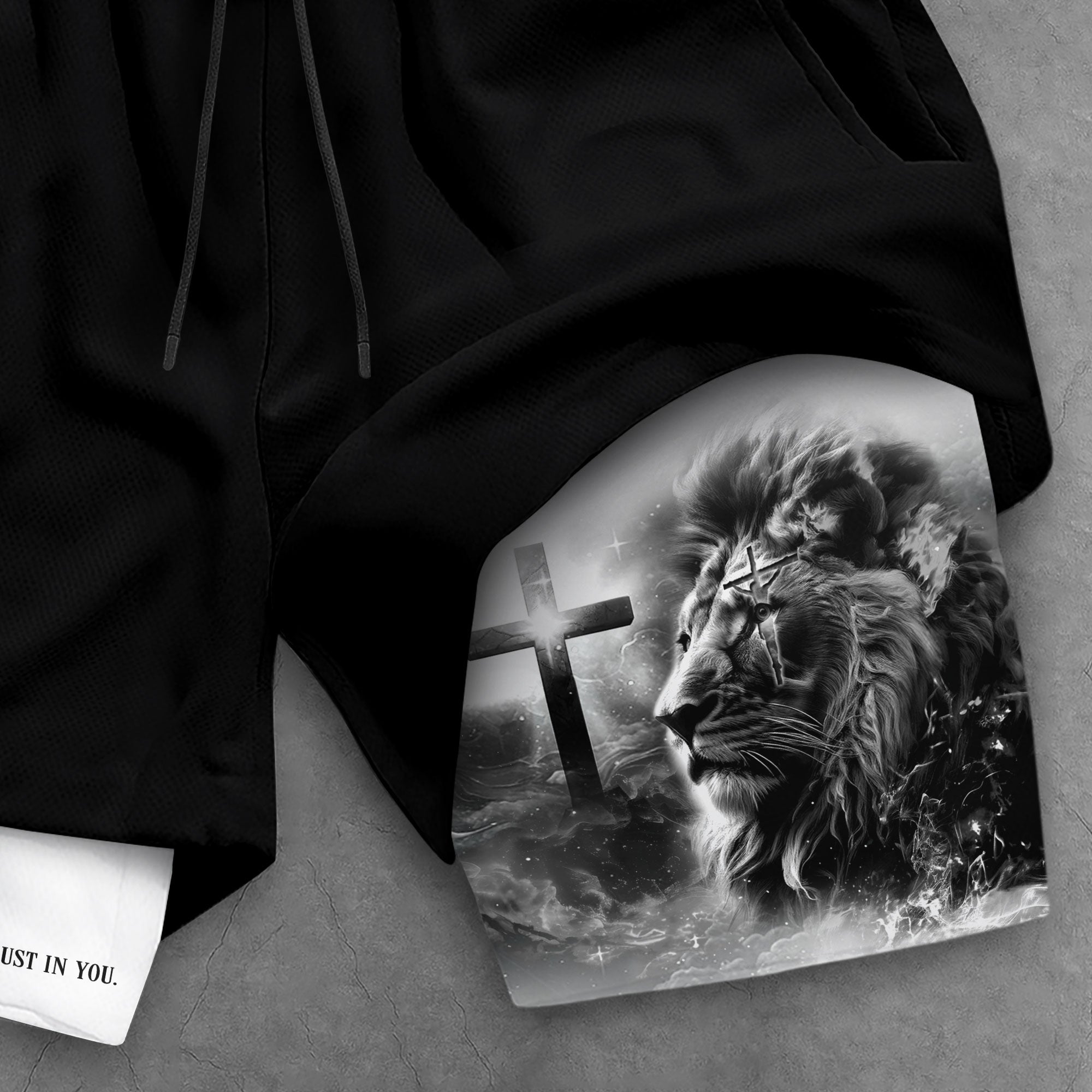 Psalm 56 3 Christian Gym Shorts for Men Lion of Judah Cross Design