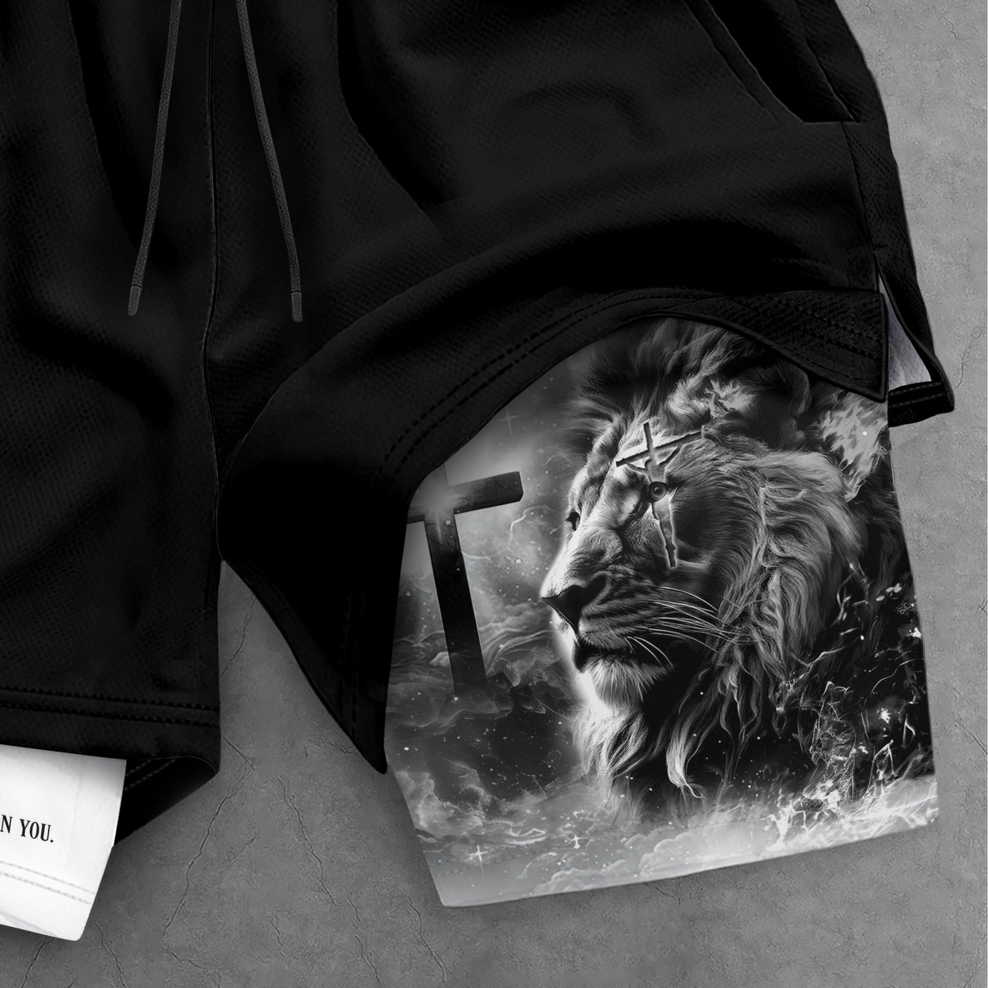 Psalm 56:3 Christian Gym Shorts for Men Lion of Judah Cross Design - Rust Field Wear