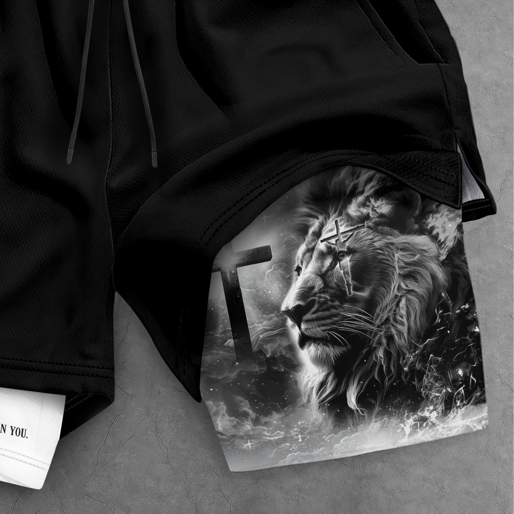 Psalm 56:3 Christian Gym Shorts for Men Lion of Judah Cross Design - Rust Field Wear