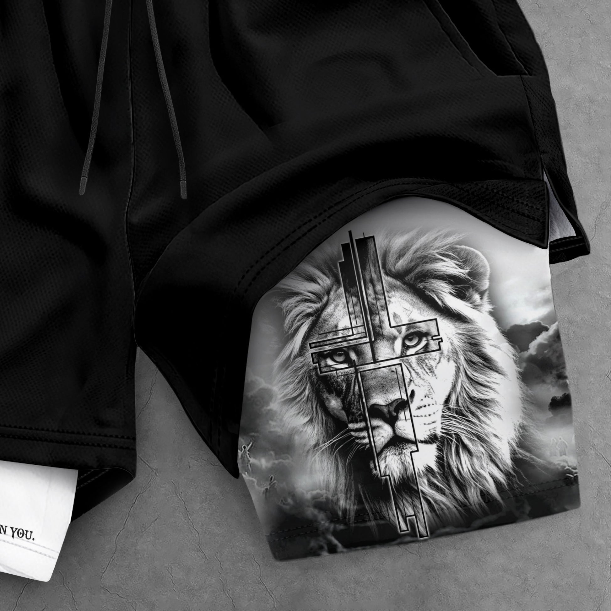 Psalm 56:3 Christian Gym Shorts for Men Trust in God Lion Cross Design - Rust Field Wear