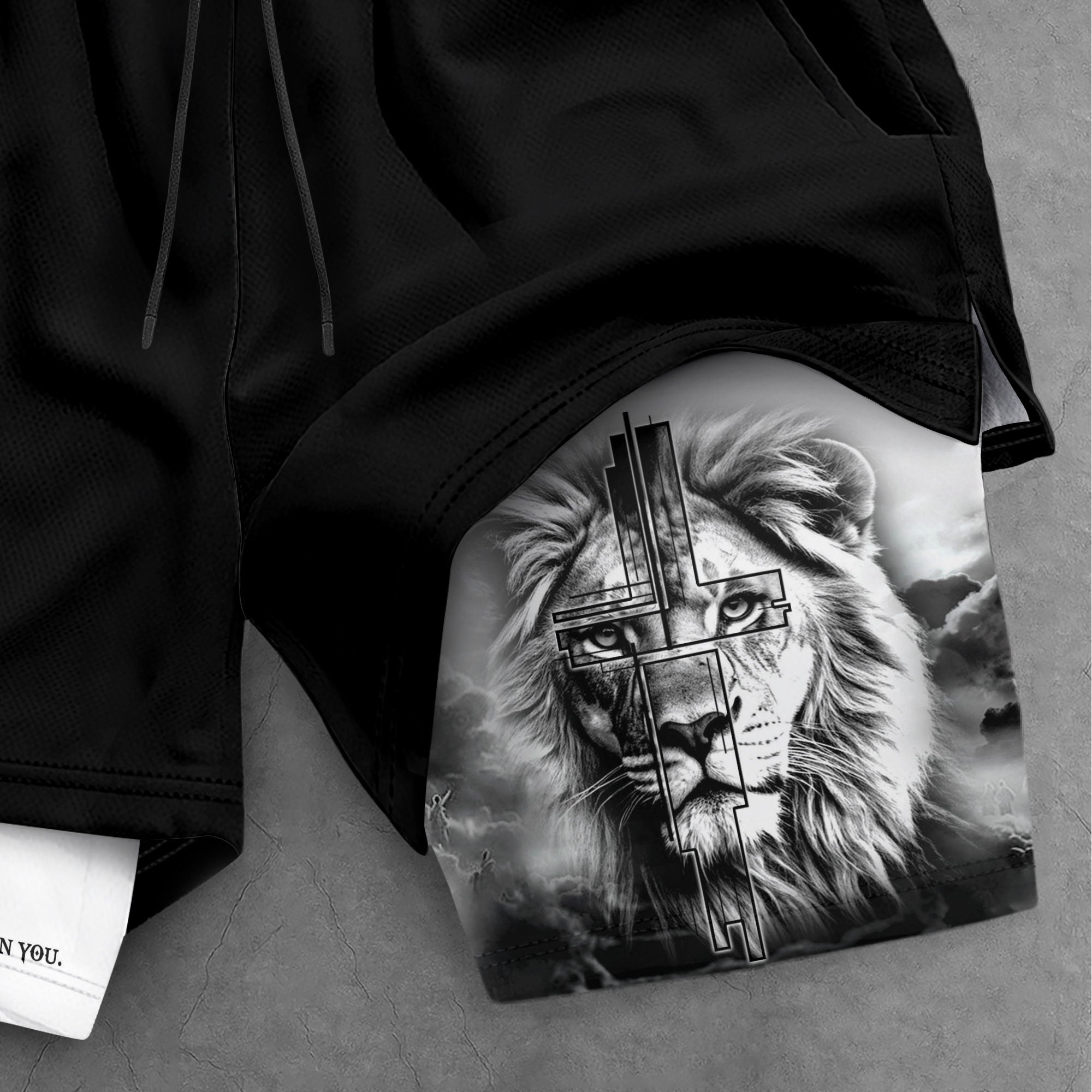 Psalm 56:3 Christian Gym Shorts for Men Trust in God Lion Cross Design - Rust Field Wear