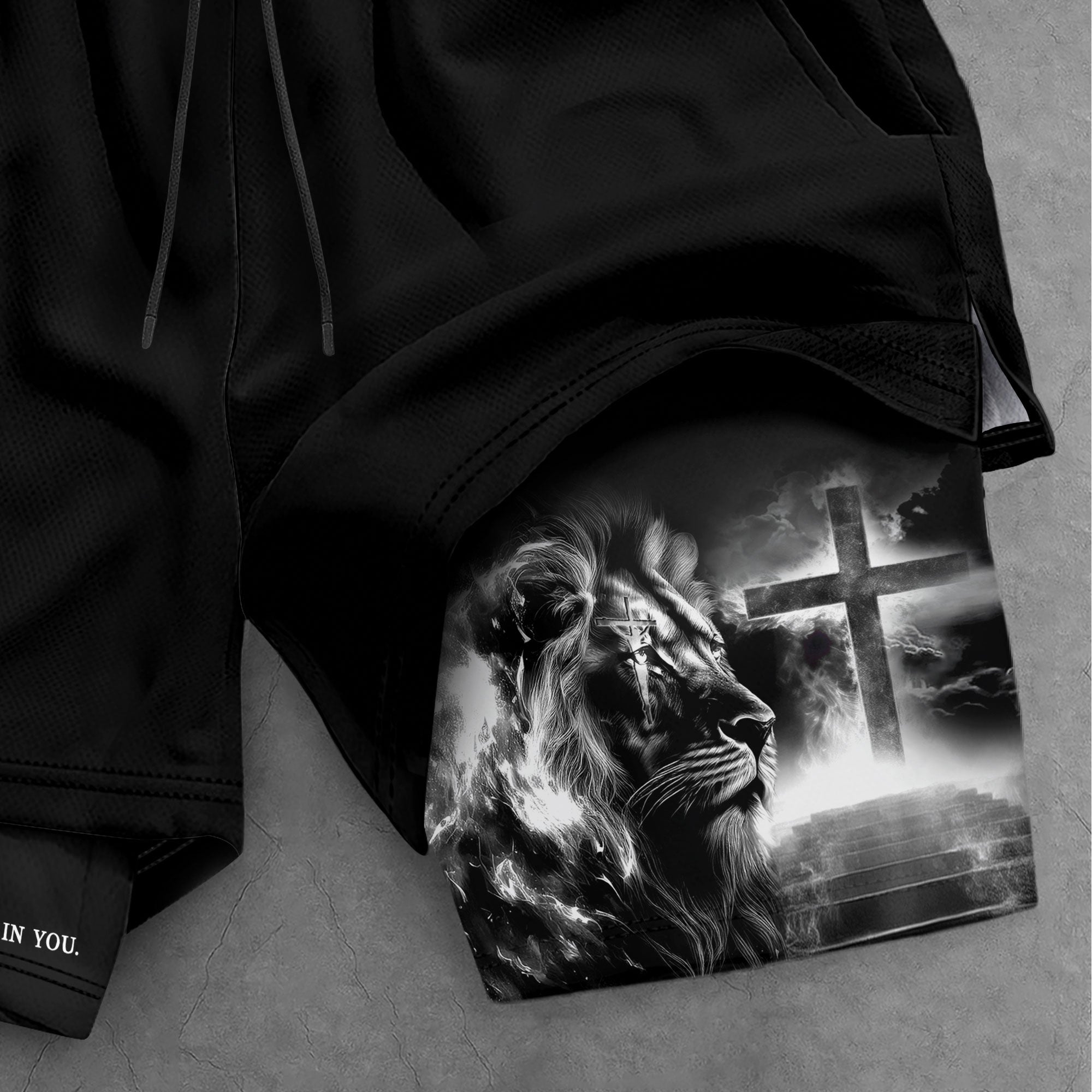 Psalm 56:3 Christian Gym Shorts for Men Lion Cross Path Design - Rust Field Wear