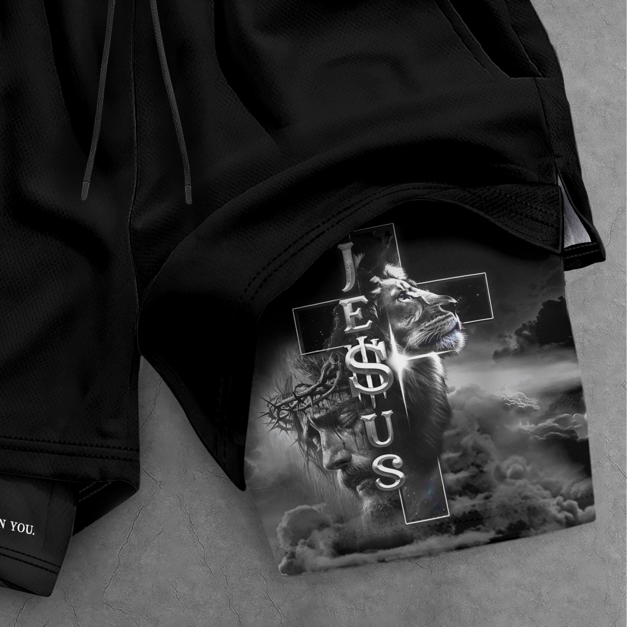 Psalm 56:3 Christian Gym Shorts for Men Jesus Cross Lion Design - Rust Field Wear