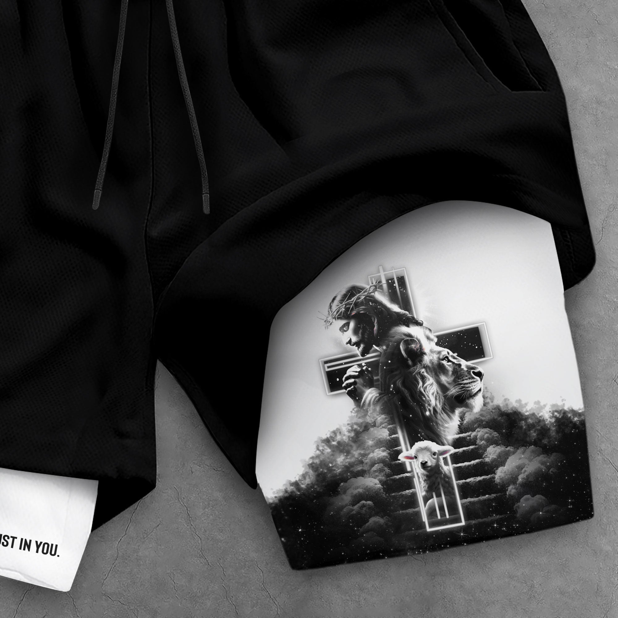 Psalm 56 3 Christian Gym Shorts for Men Jesus Cross Stairway Design