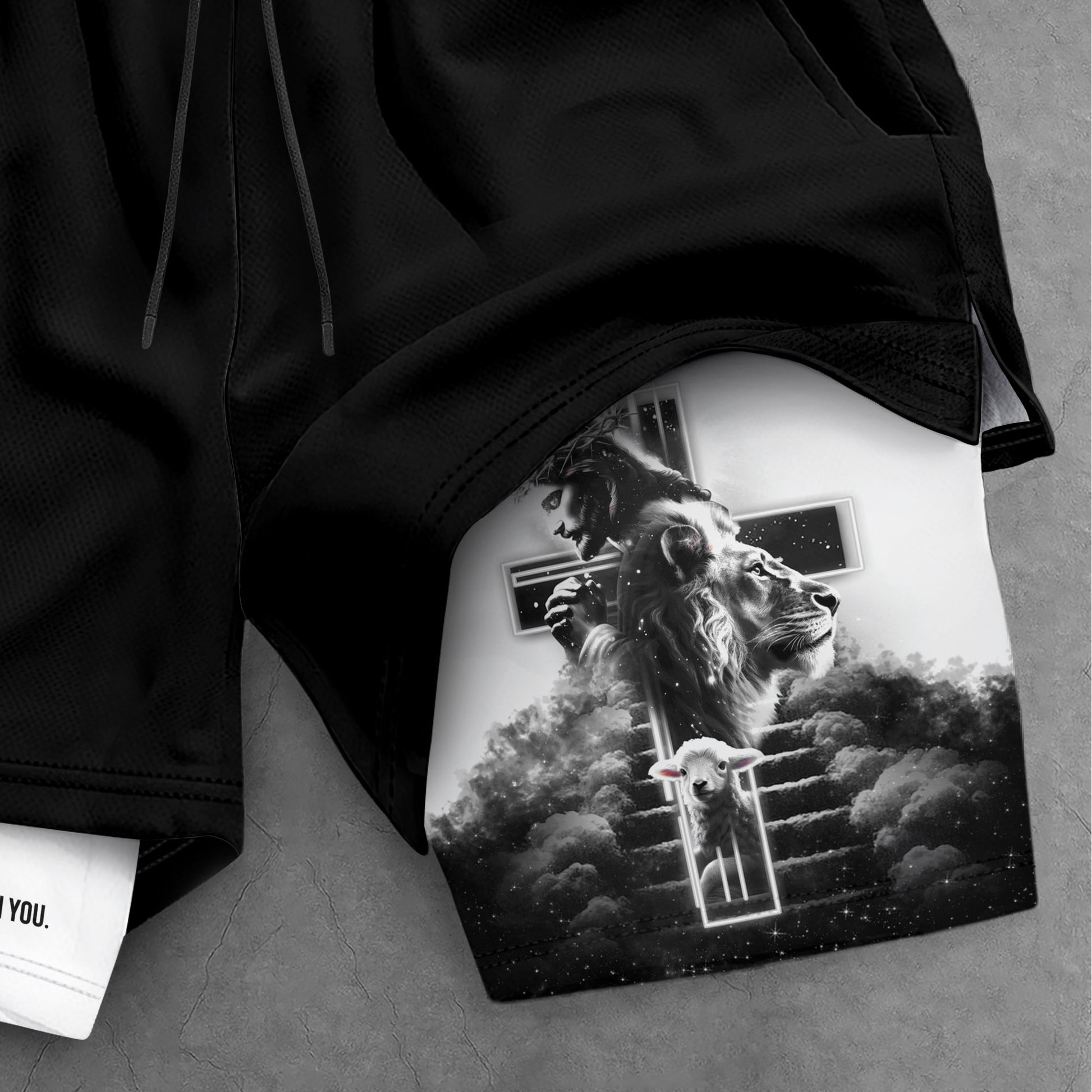 Psalm 56:3 Christian Gym Shorts for Men Jesus Cross Stairway Design - Rust Field Wear