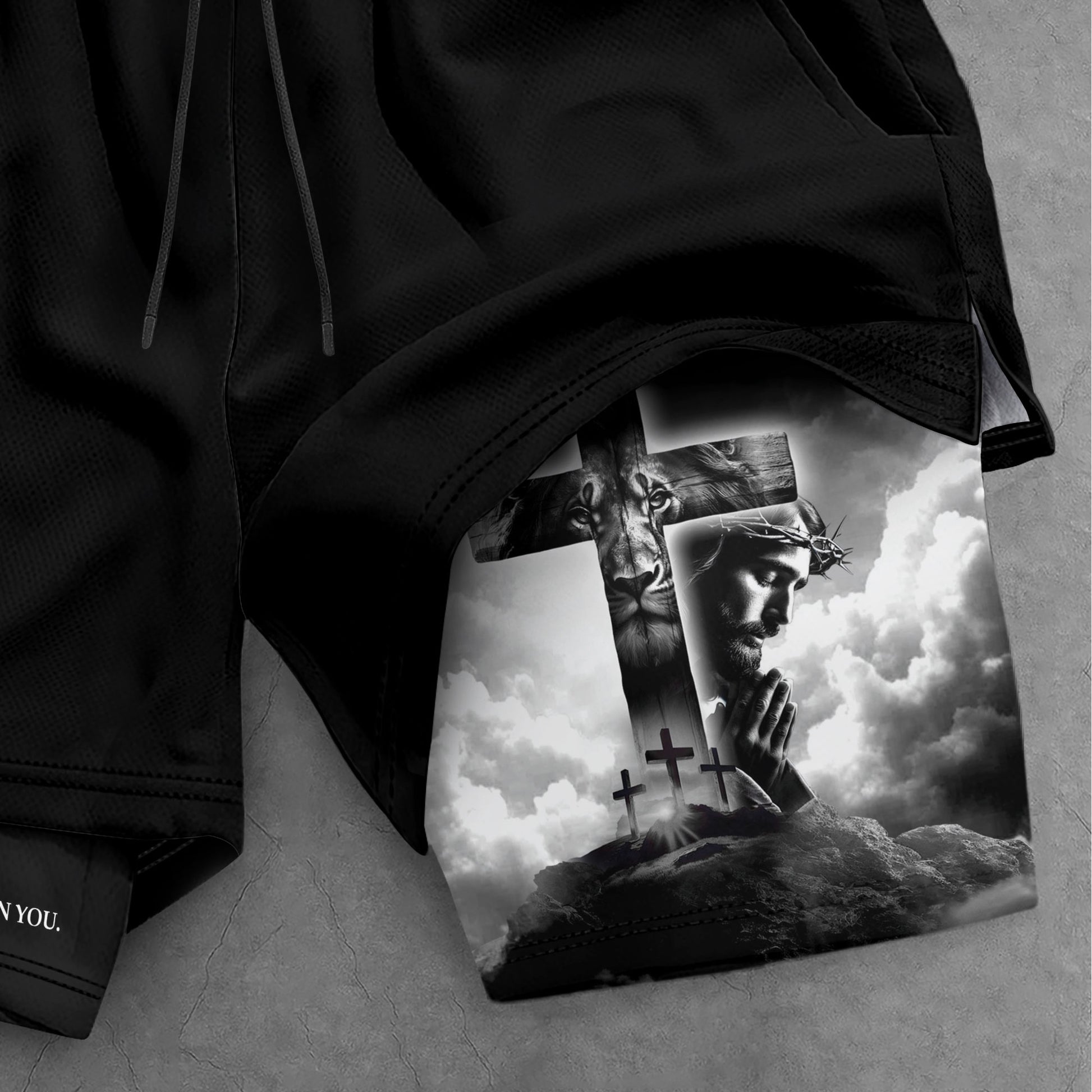 Psalm 56:3 Christian Gym Shorts for Men Jesus Cross Prayer Design - Rust Field Wear