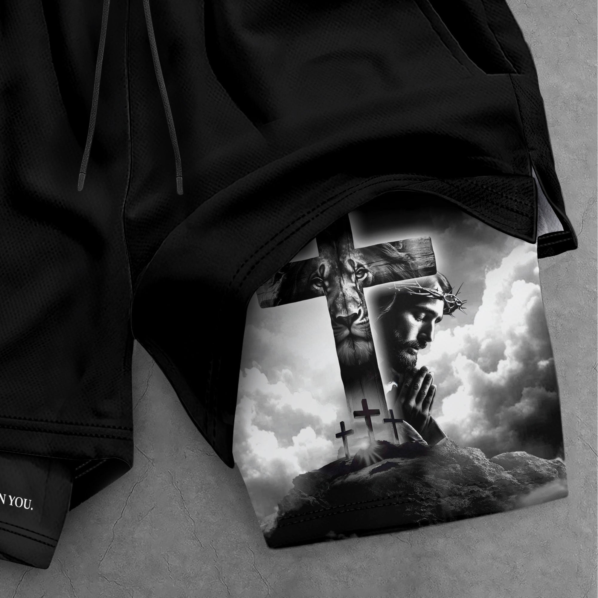 Psalm 56:3 Christian Gym Shorts for Men Jesus Cross Prayer Design - Rust Field Wear