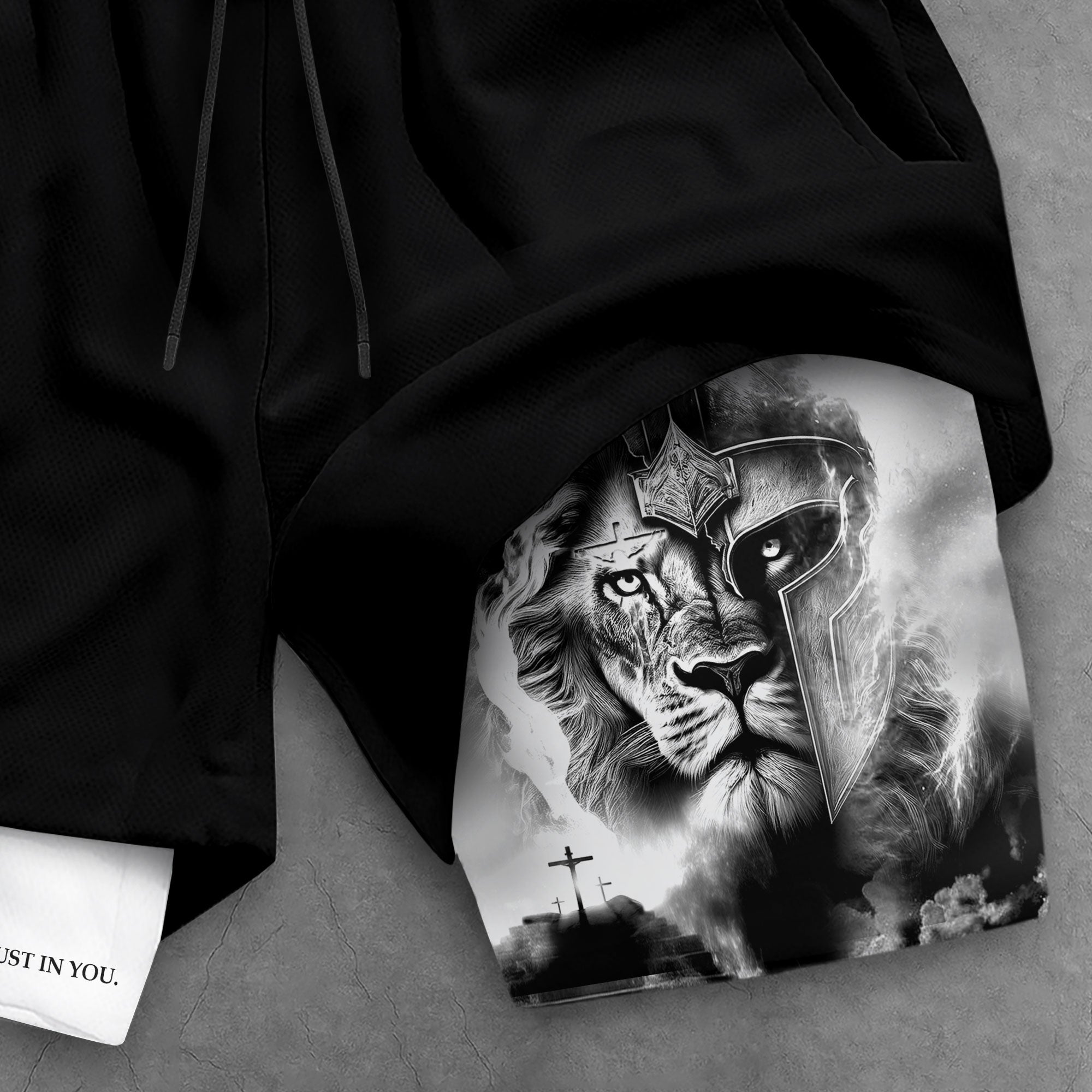 Psalm 56 3 Christian Gym Shorts for Men Lion Armor Cross Design