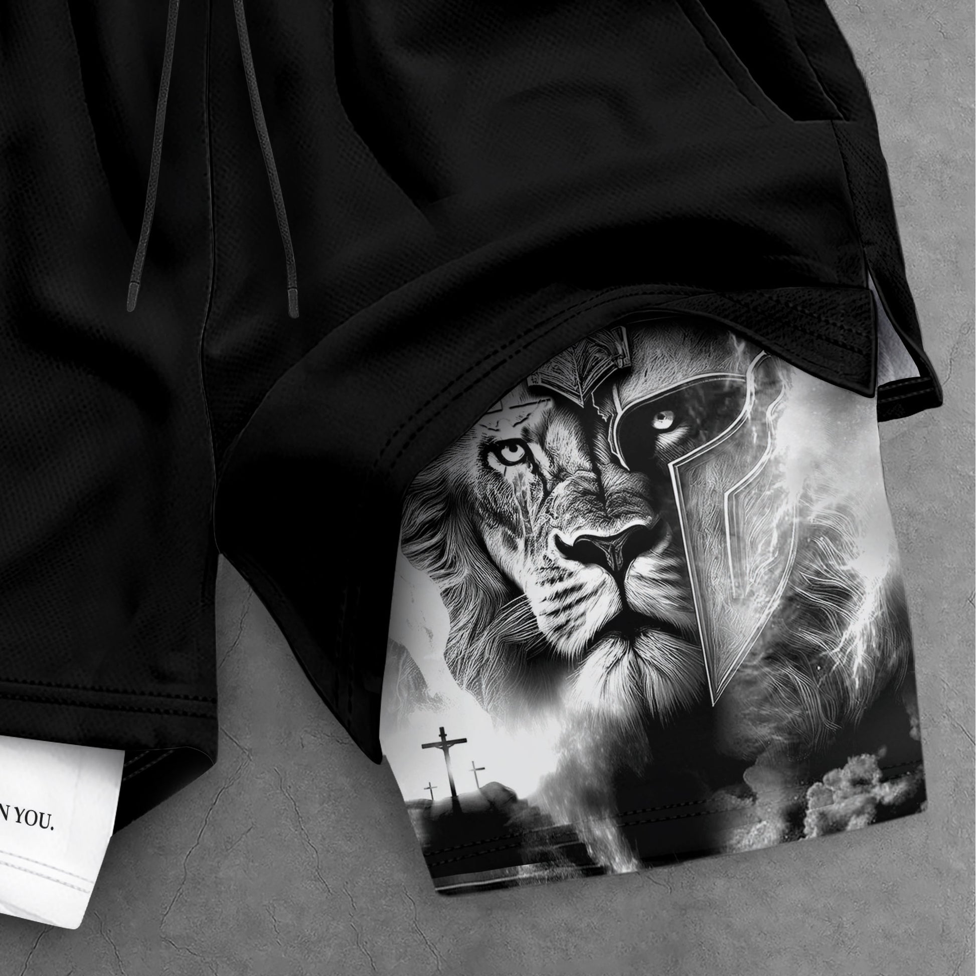Psalm 56:3 Christian Gym Shorts for Men Lion Armor Cross Design - Rust Field Wear