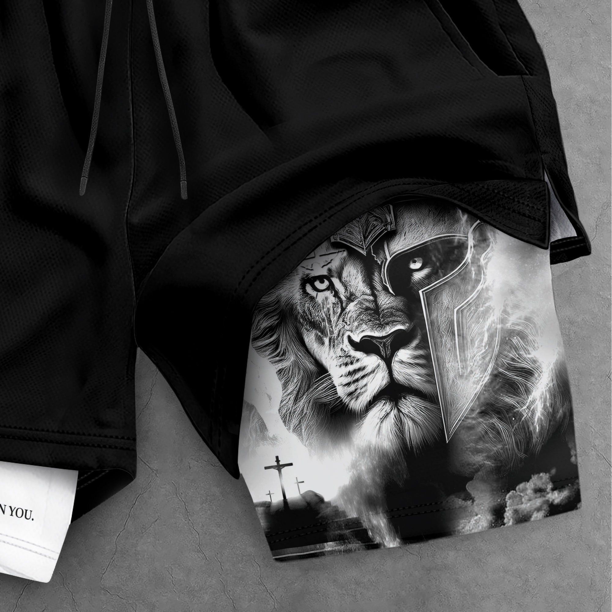 Psalm 56:3 Christian Gym Shorts for Men Lion Armor Cross Design - Rust Field Wear