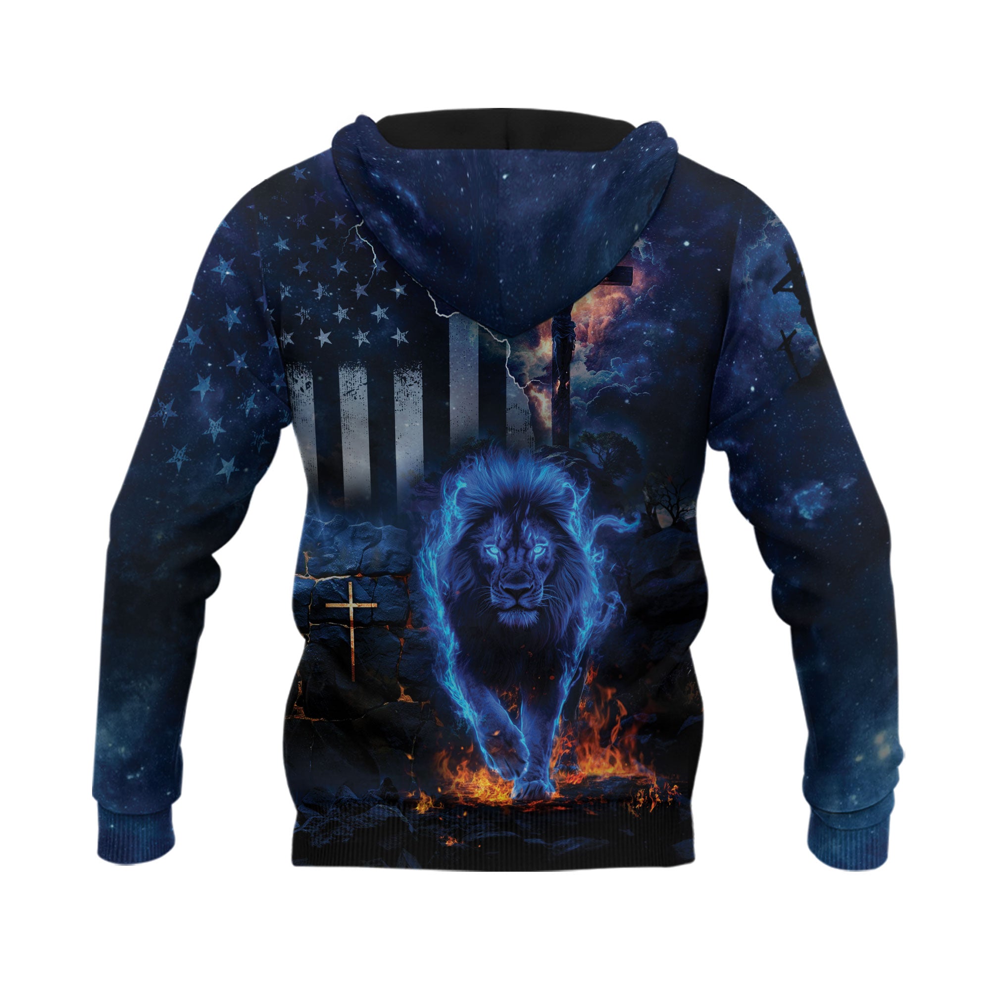 Faith Over Fear Christian Hoodie Lion Cross Blue Lightning Design