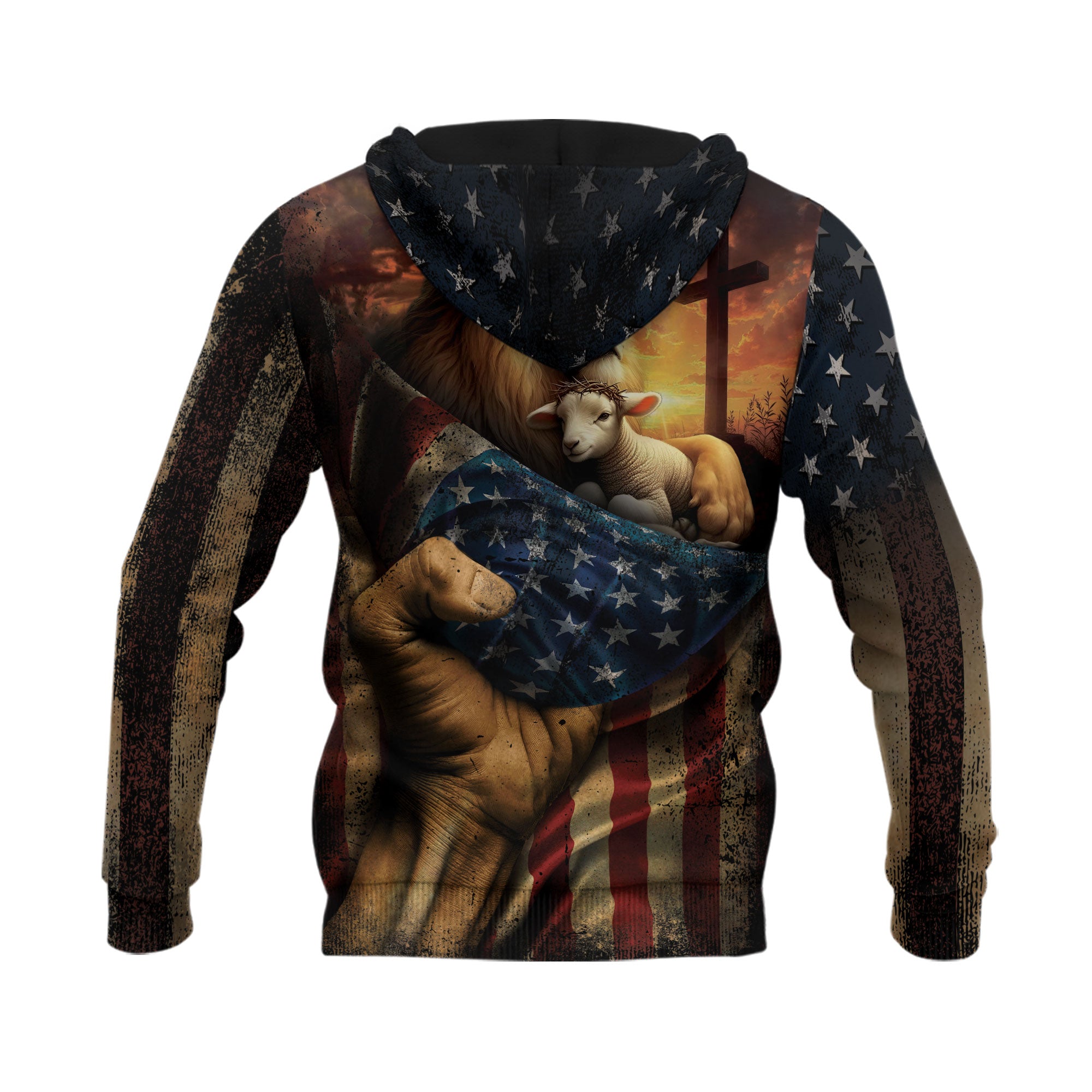 Faith Over Fear Christian Hoodie Jesus Lion Lamb Cross Flag Design