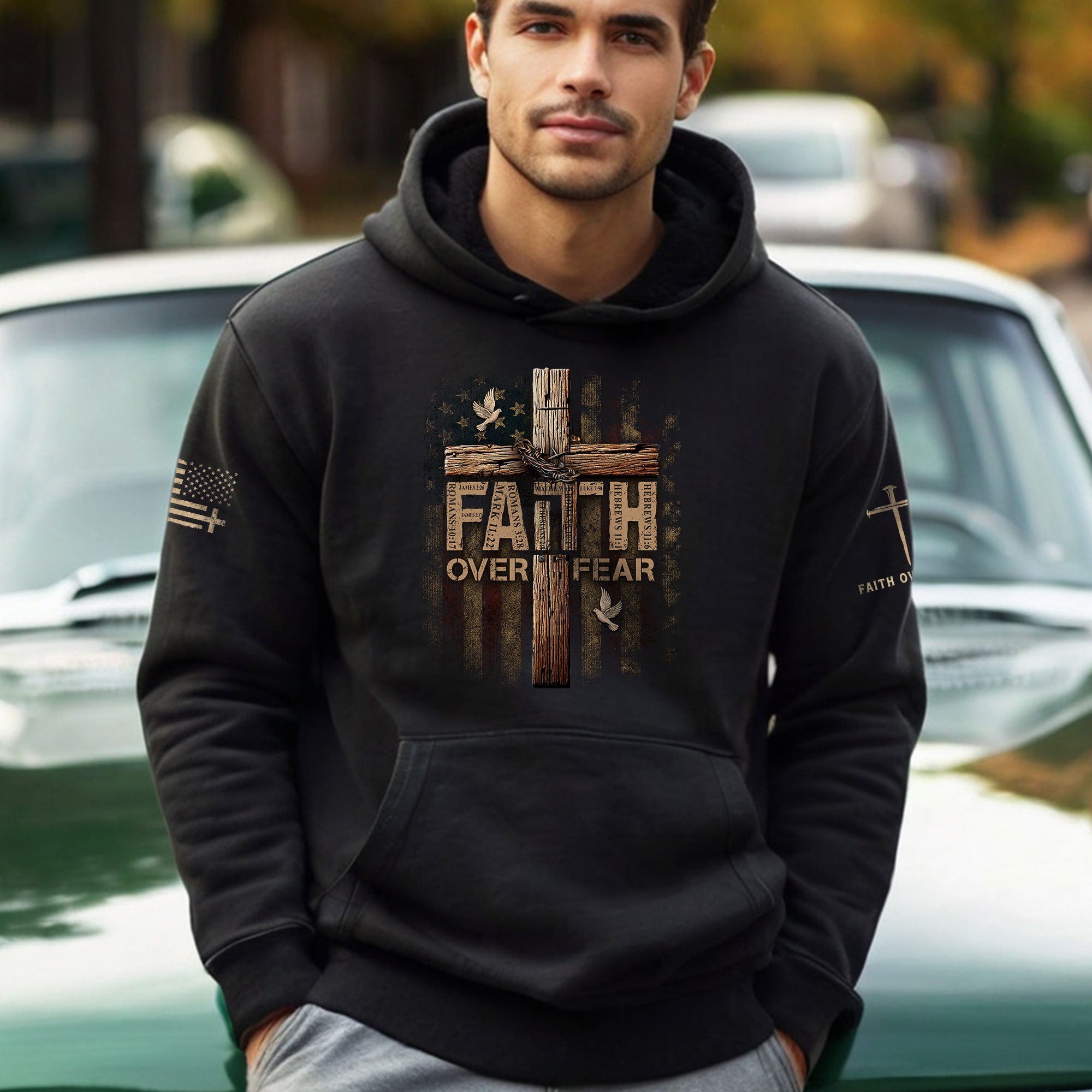 Faith Over Fear Christian Hoodie Bible Verse American Flag Cross Design