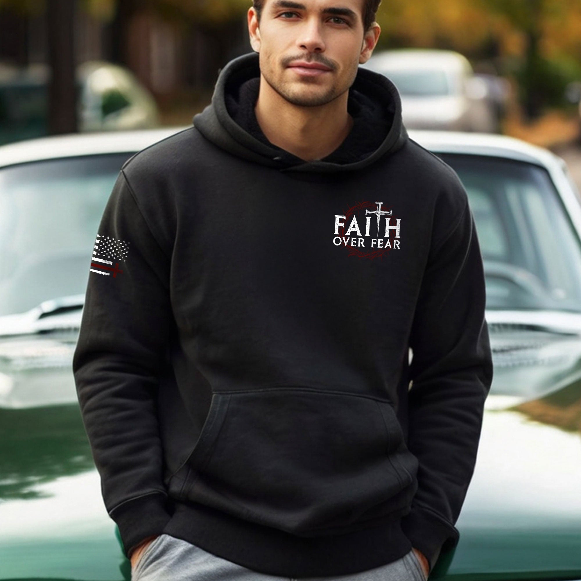 Faith Over Fear Christian Hoodie Nail Cross American Flag Design