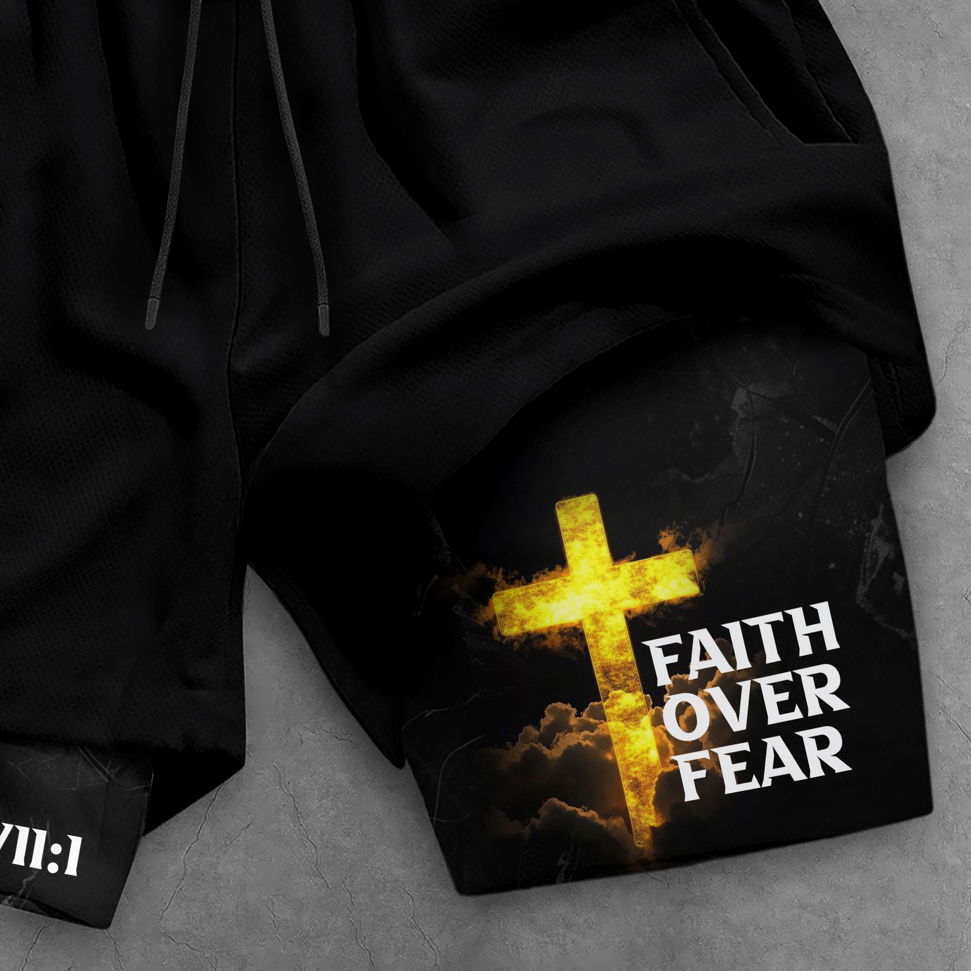 Psalm 27:1 Faith Over Fear Christian Mens Gym Shorts Bible Verse Glowing Gold Design