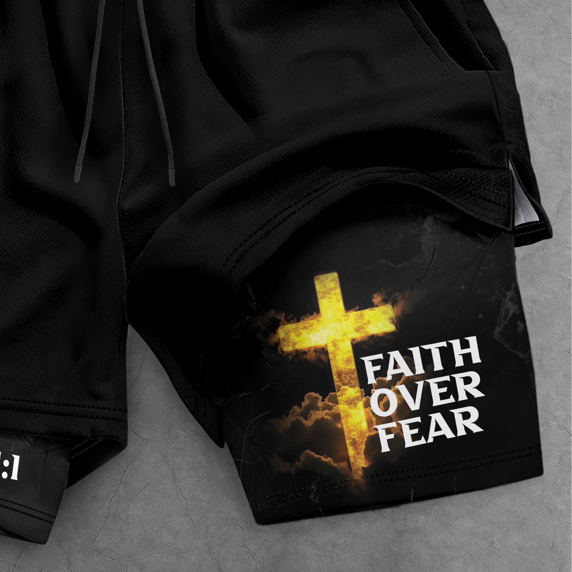 Psalm 27:1 Faith Over Fear Christian Mens Gym Shorts Bible Verse Glowing Gold Design - Rust Field Wear