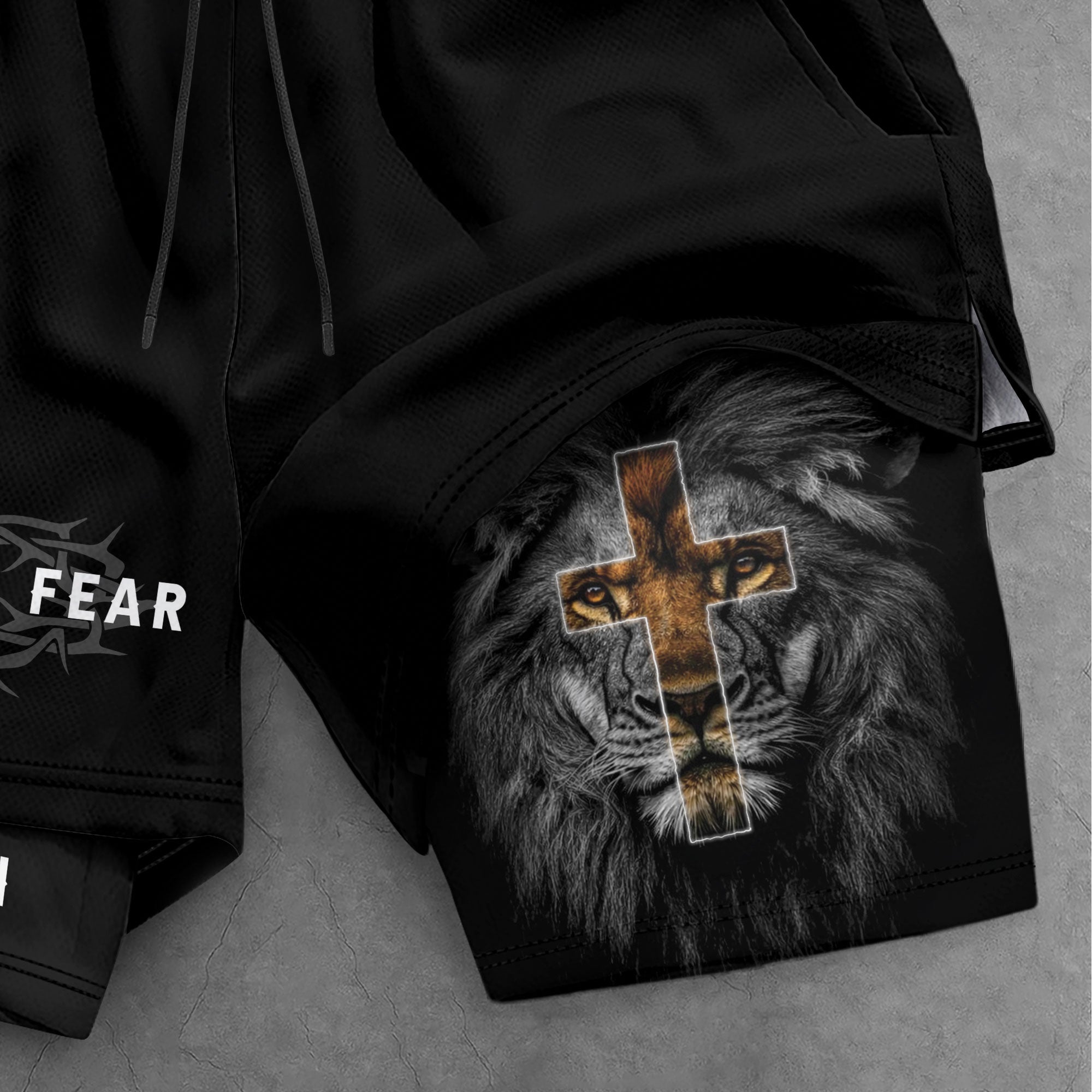 Psalm 27:1 Faith Over Fear Christian Mens Gym Shorts Brown Lion Scripture Design - Rust Field Wear