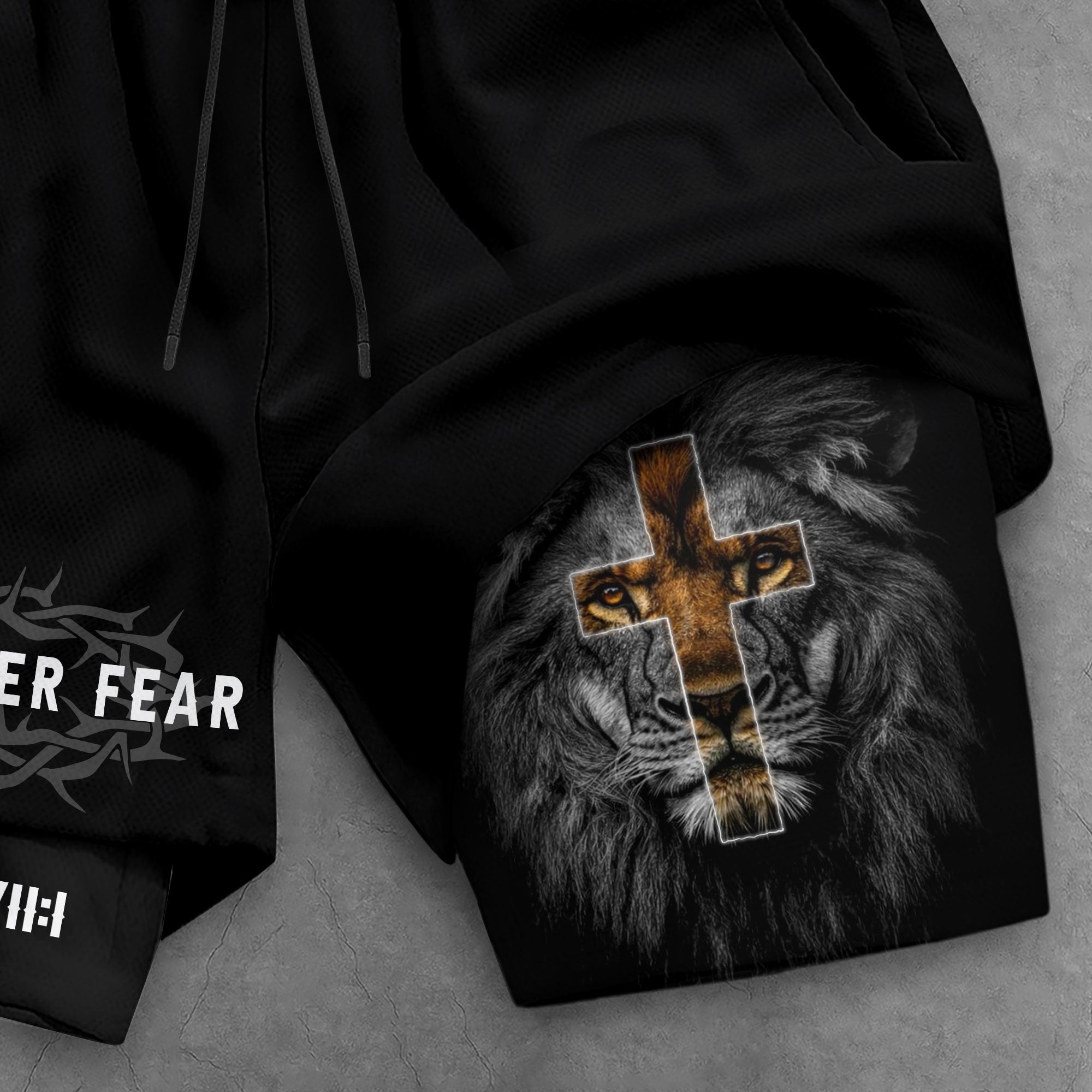 Psalm 27:1 Faith Over Fear Christian Mens Gym Shorts Brown Lion Scripture Design