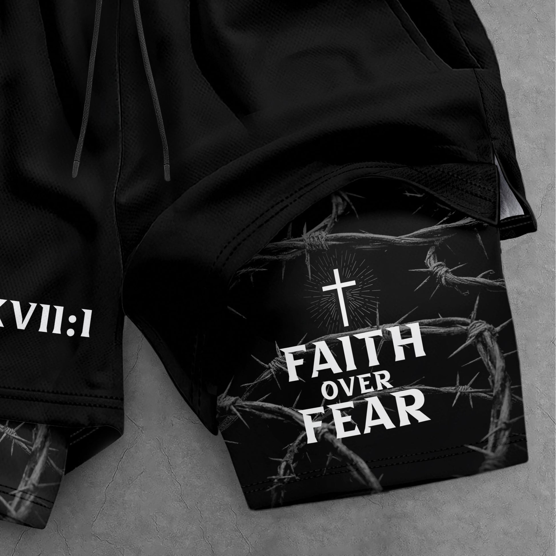 Psalm 27:1 Faith Over Fear Christian Mens Training Shorts Thorns Cross Bible Verse - Rust Field Wear