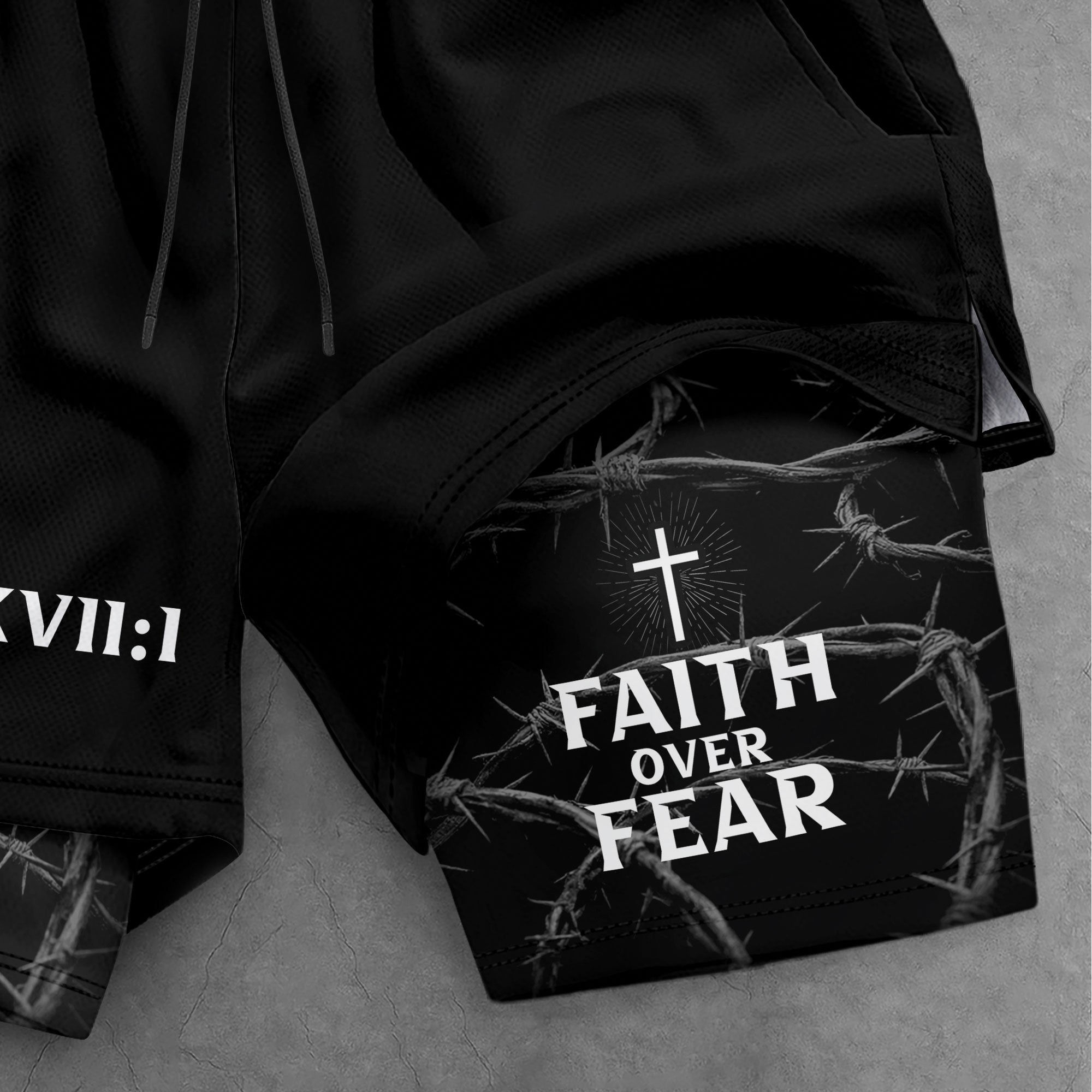 Psalm 27:1 Faith Over Fear Christian Mens Training Shorts Thorns Cross Bible Verse - Rust Field Wear