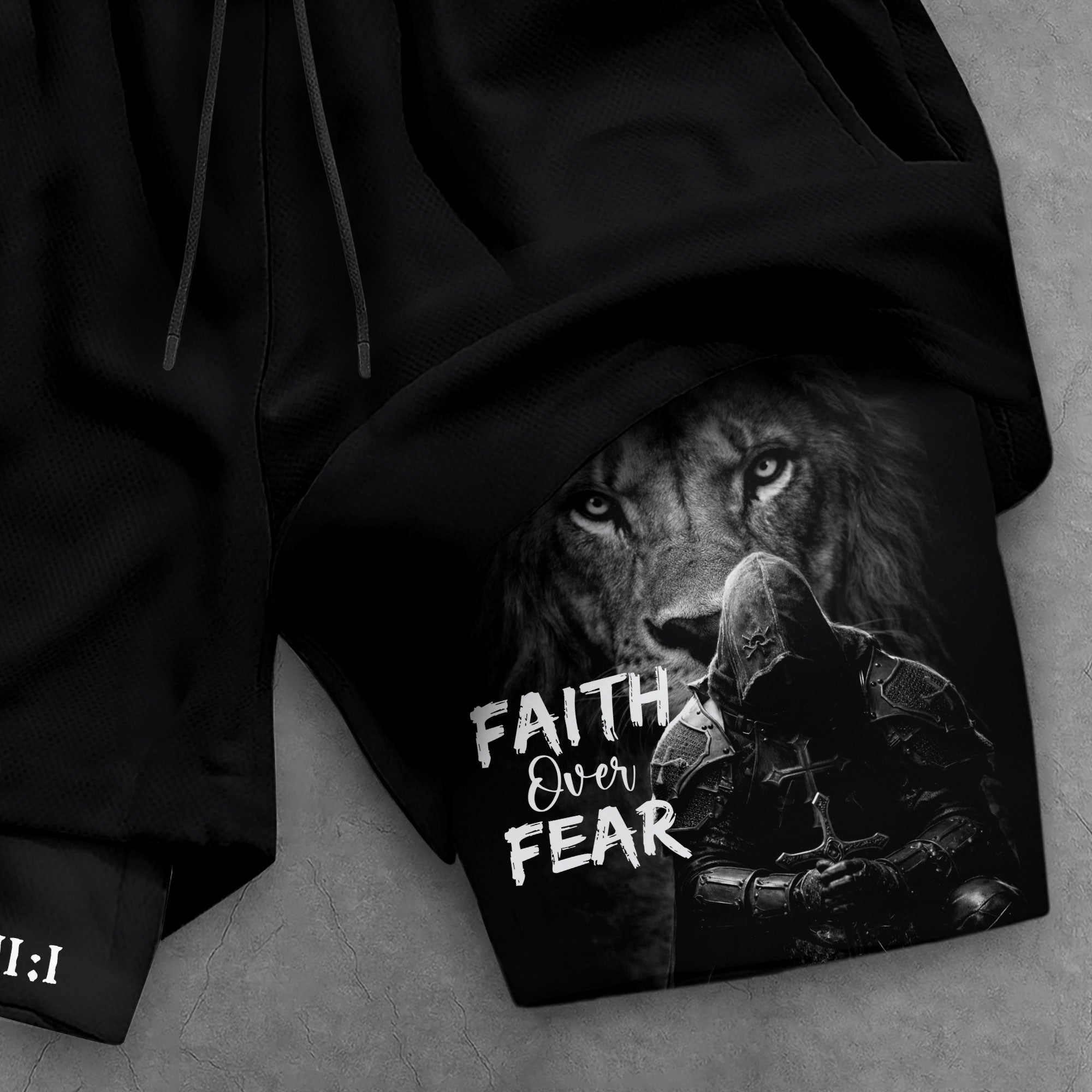 Psalm 27:1 Faith Over Fear Christian Mens Gym Shorts Lion Knight Bible Verse Design