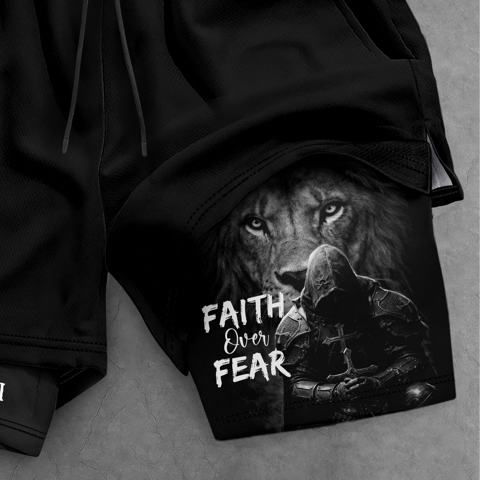 Psalm 27:1 Faith Over Fear Christian Mens Gym Shorts Lion Knight Bible Verse Design - Rust Field Wear