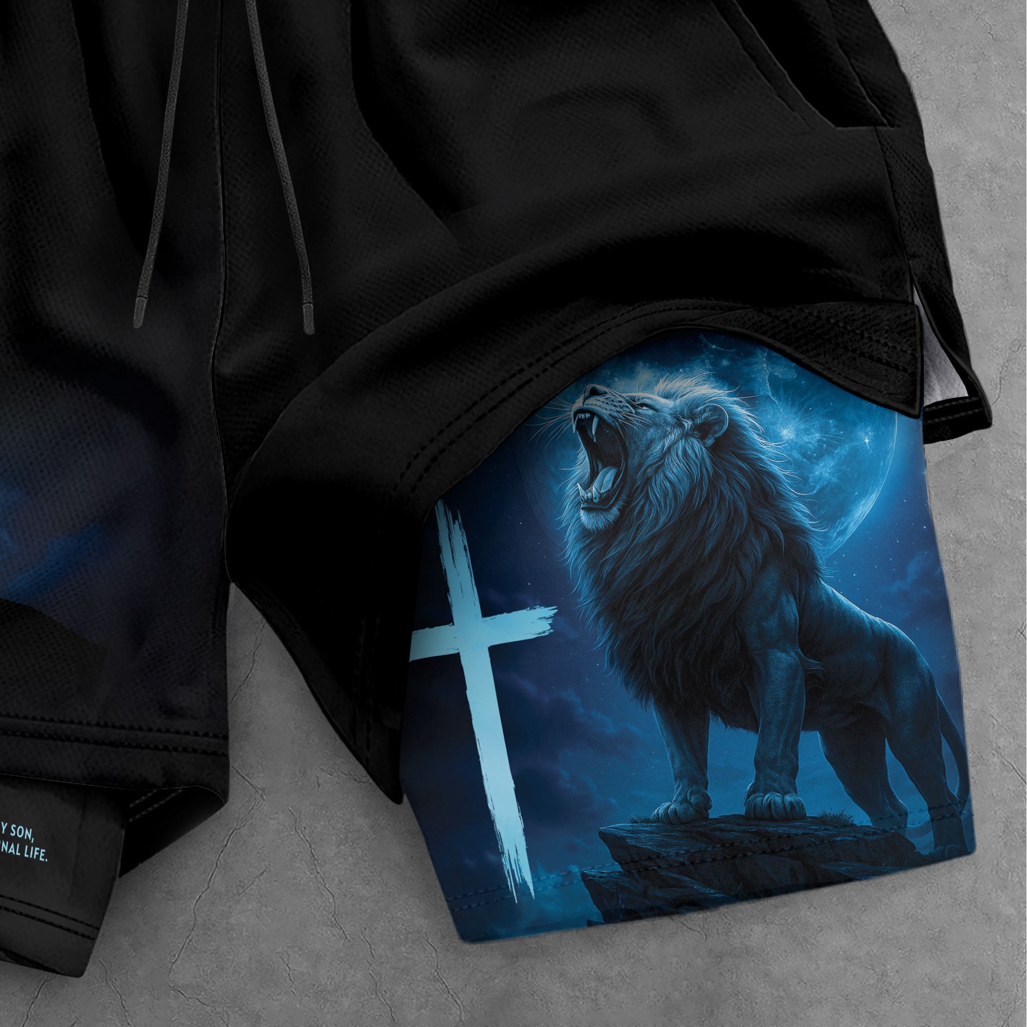 John 3:16 Christian Gym Workout Shorts Men Lion Cross Bible Verse Blue - Rust Field Wear