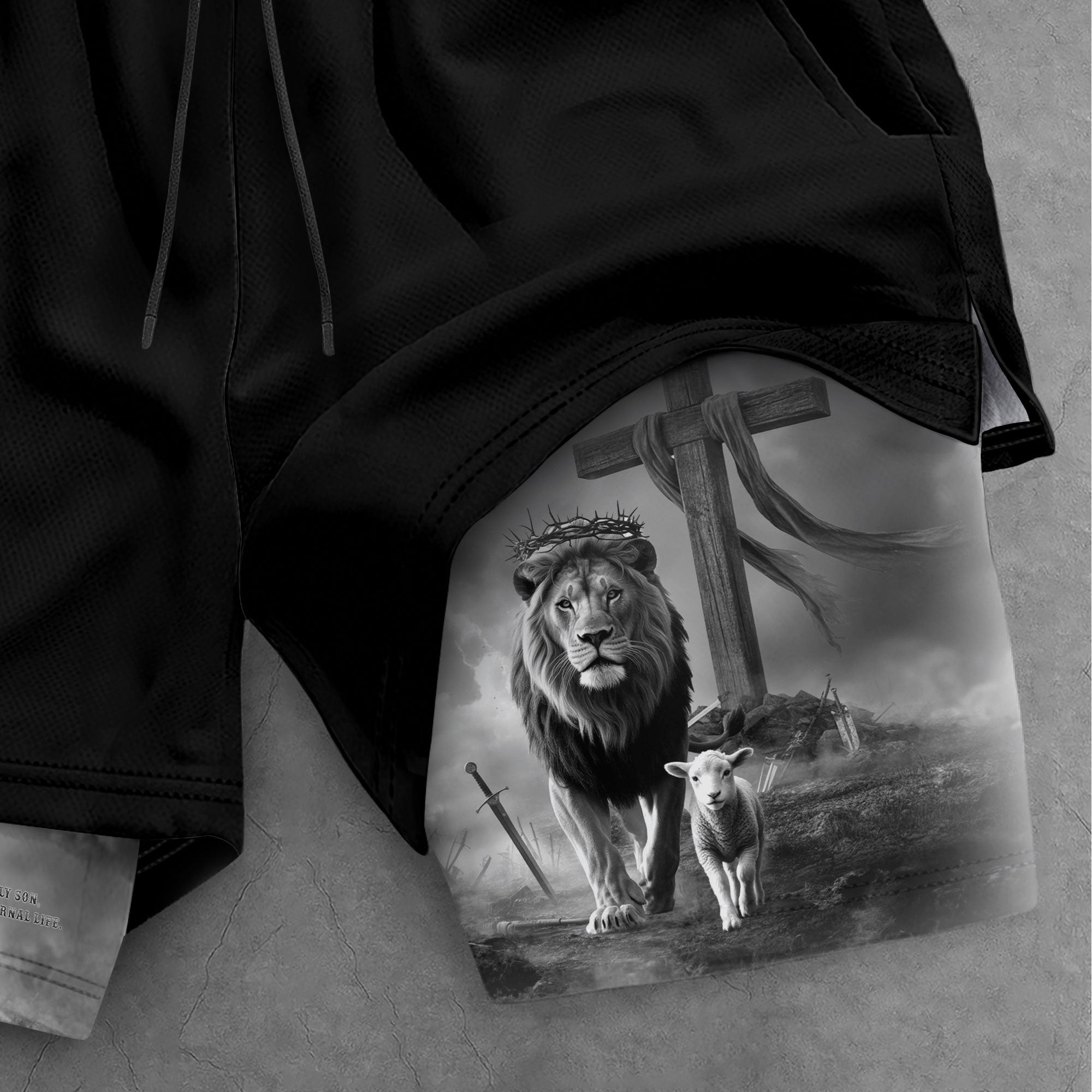 John 3:16 Christian Gym Workout Shorts Men Lion and Lamb Cross Bible Verse - Rust Field Wear