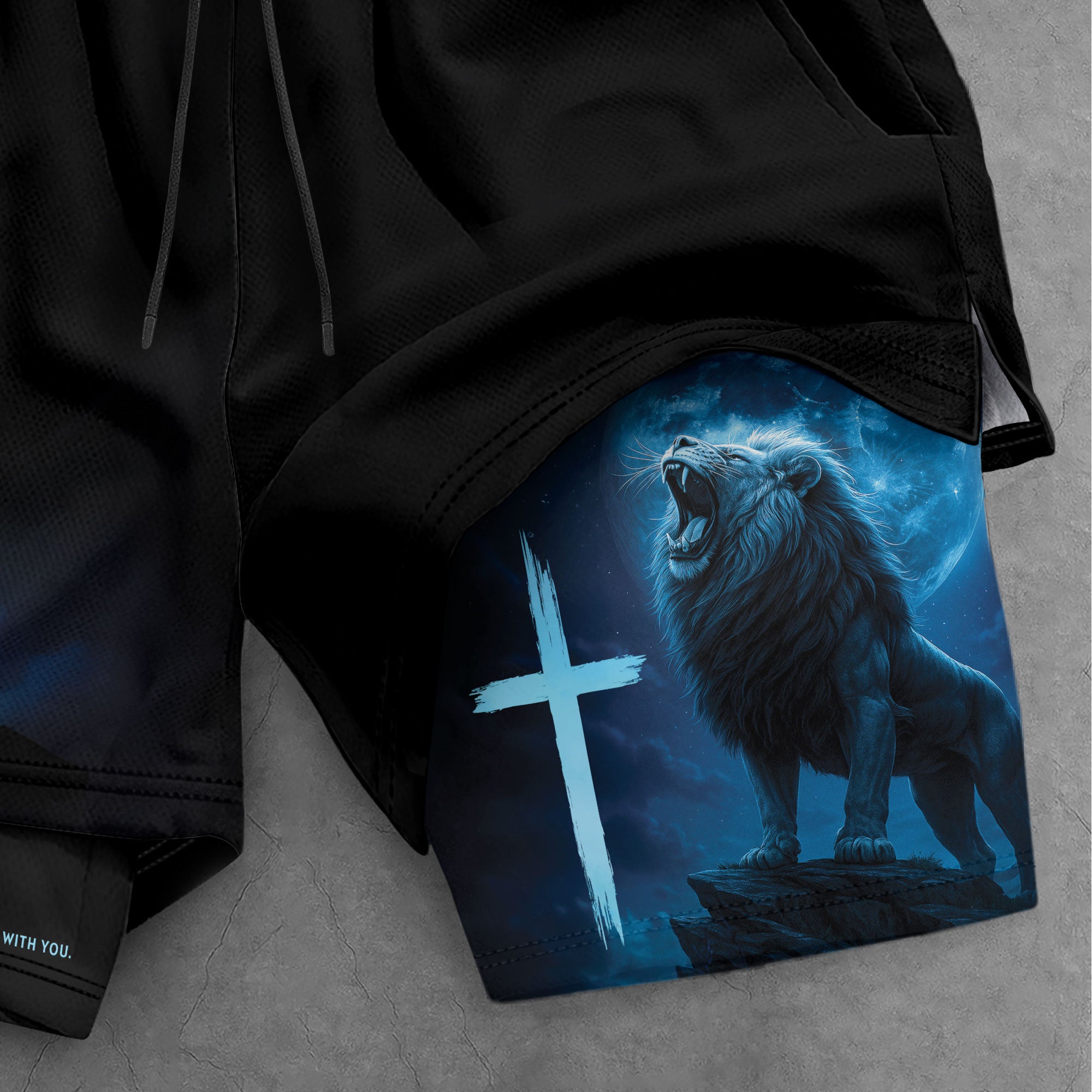 Joshua 1:9 Christian Gym Workout Shorts Men Lion Cross Bible Verse Blue - Rust Field Wear