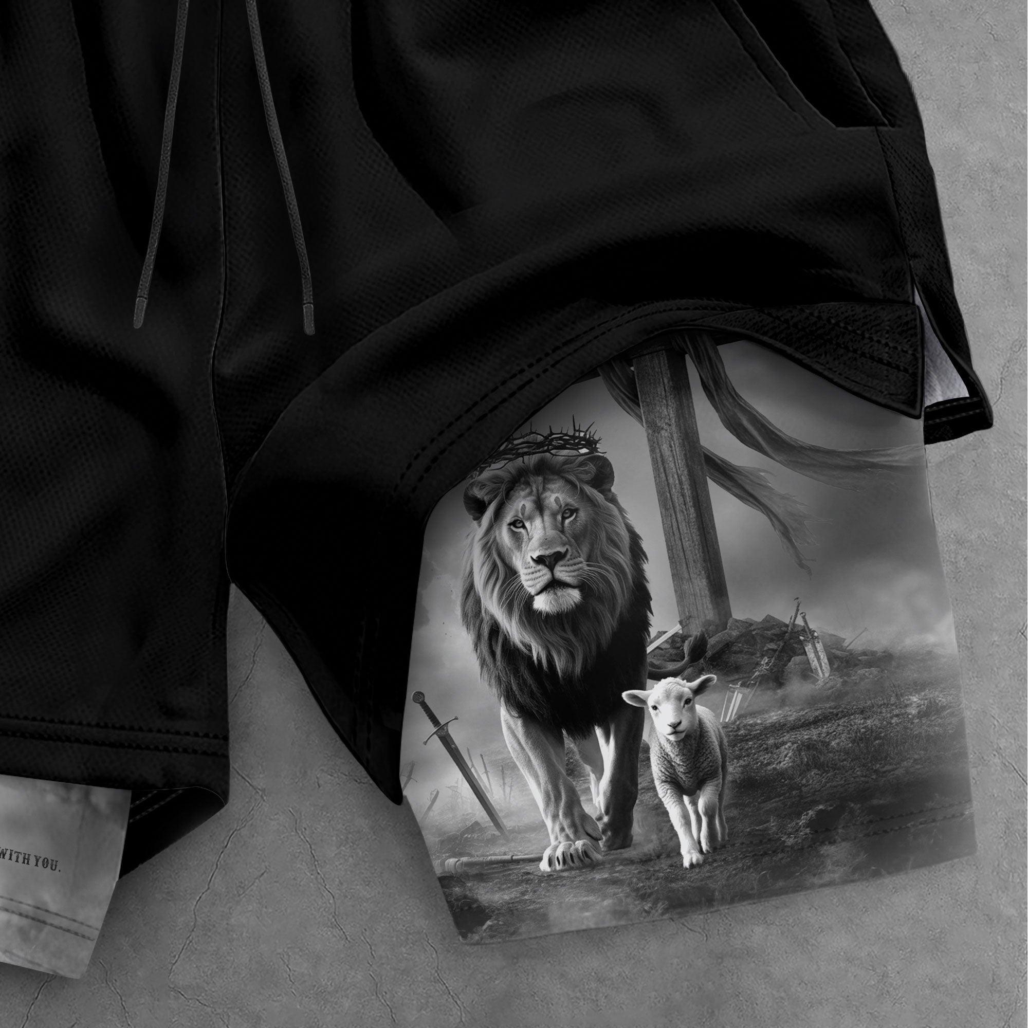 Joshua 1:9 Christian Gym Workout Shorts Men Lion and Lamb Cross Bible Verse - Rust Field Wear