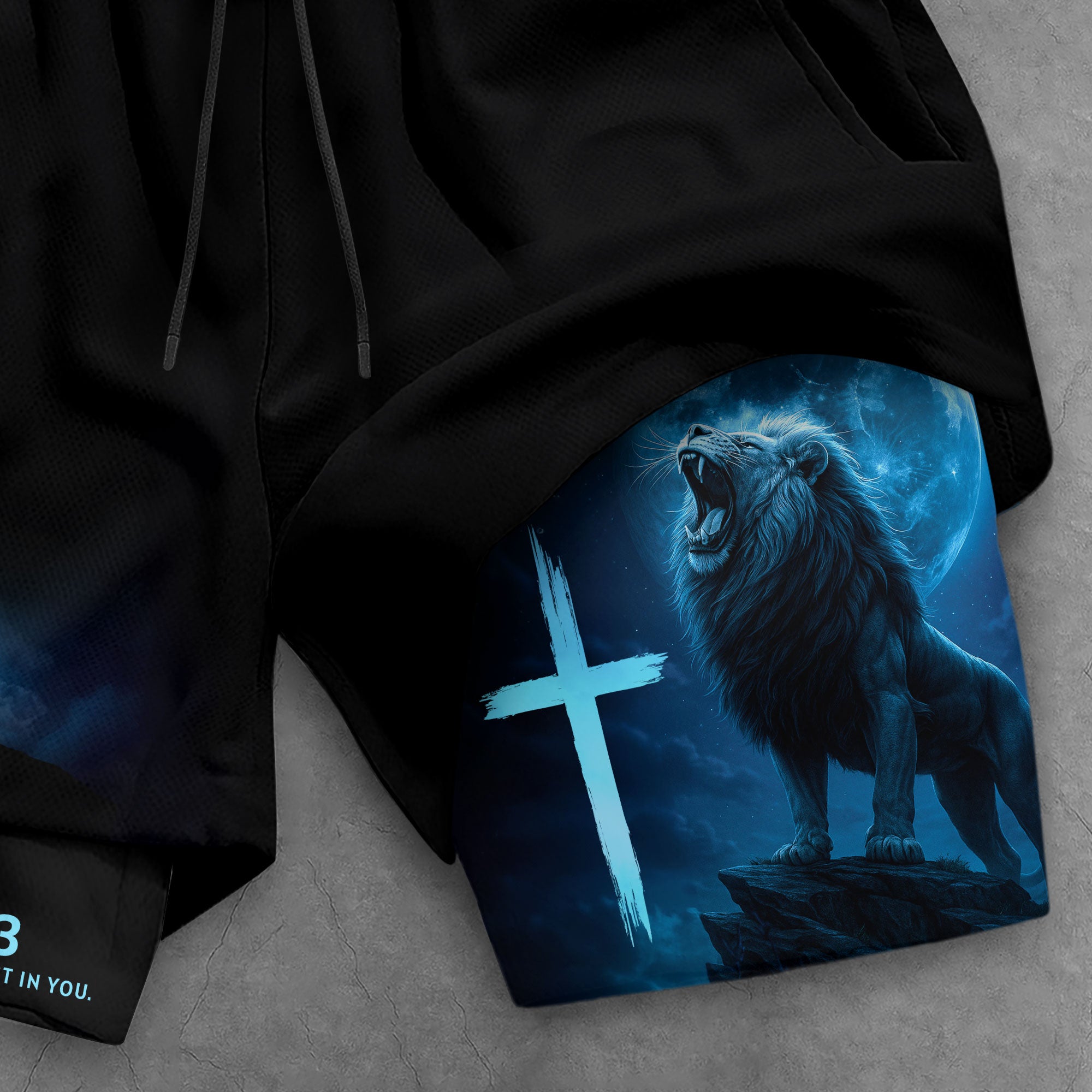 Psalm 56:3 Christian Gym Workout Shorts Men Lion Cross Bible Verse Blue