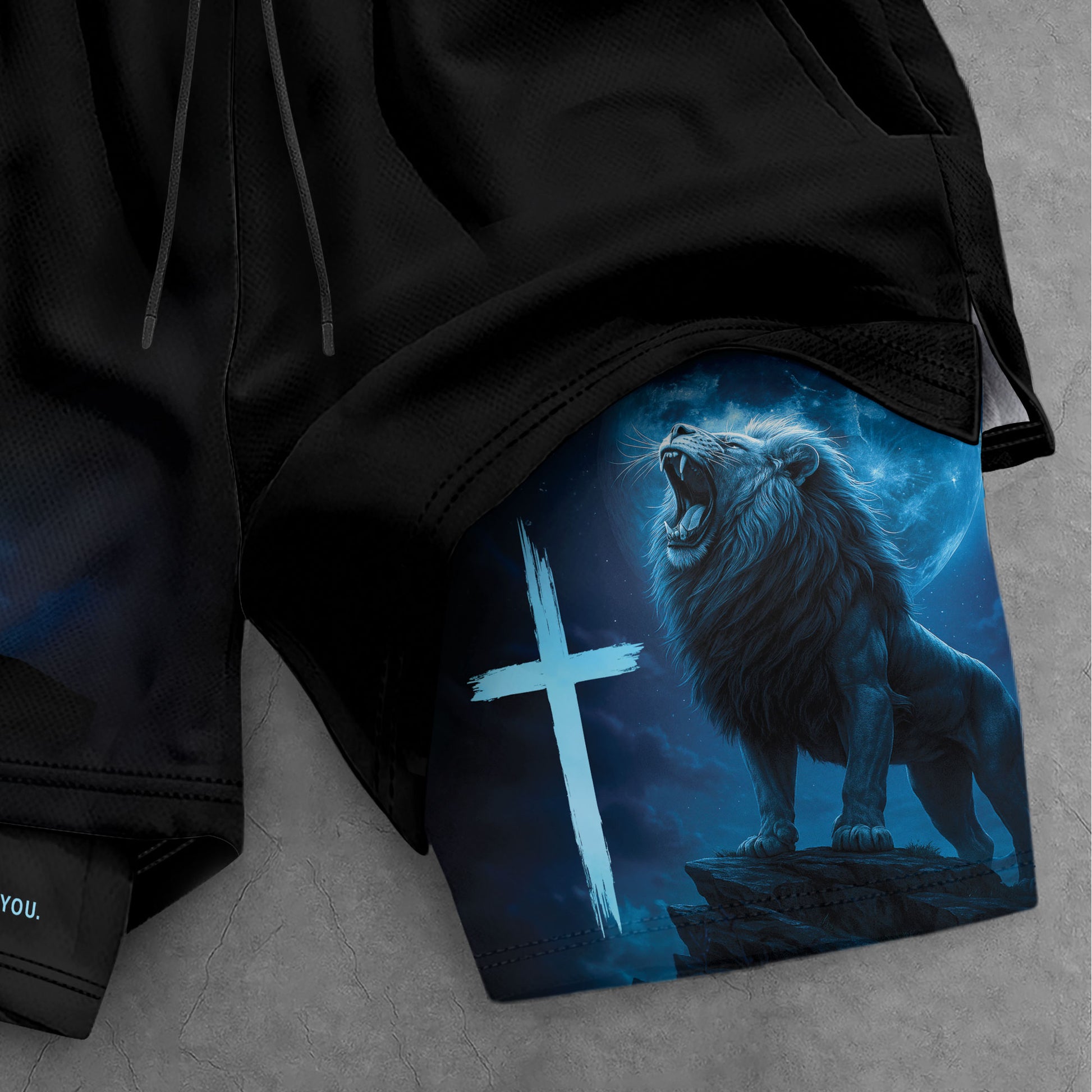 Psalm 56:3 Christian Gym Workout Shorts Men Lion Cross Bible Verse Blue - Rust Field Wear