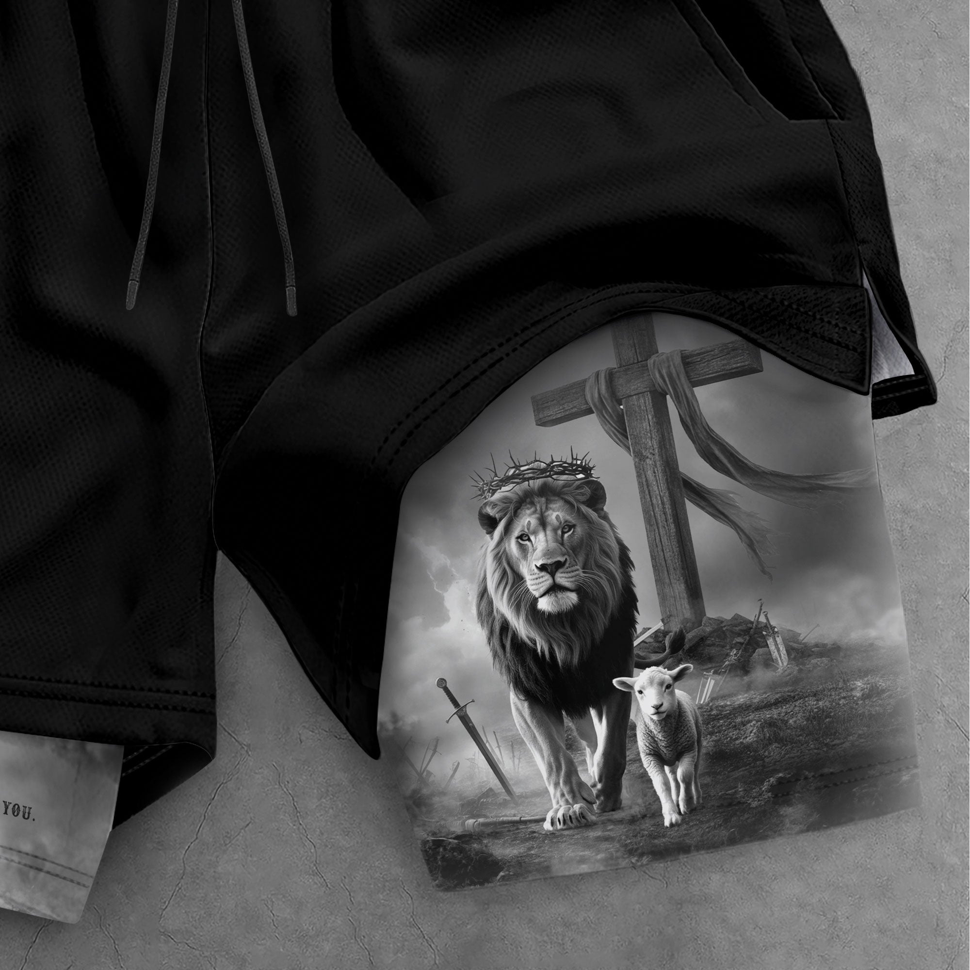 Psalm 56:3 Christian Gym Workout Shorts Men Lion and Lamb Cross Bible Verse - Rust Field Wear