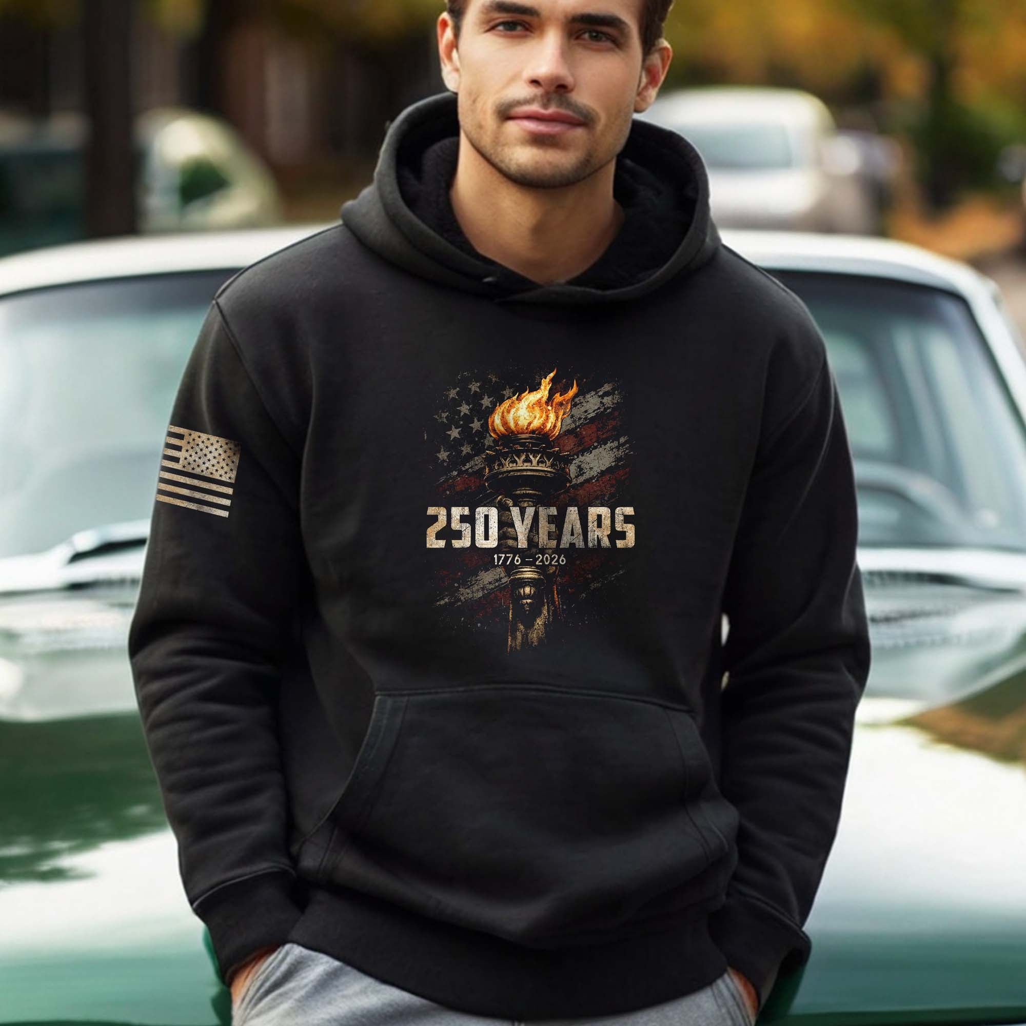 USA 250th Anniversary Hoodie 1776-2026 Liberty Torch Patriotic Men