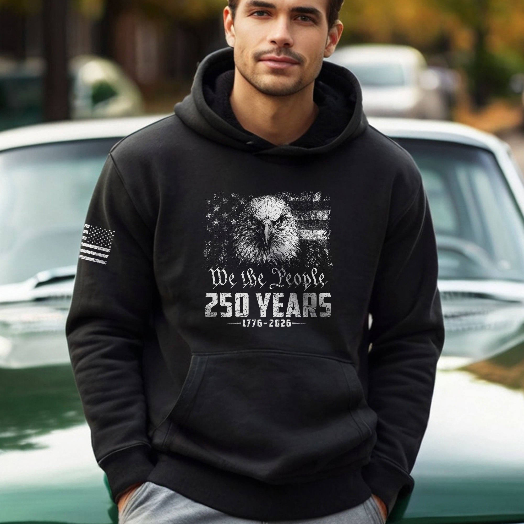 USA 250th Anniversary Semiquincentennial Hoodie 1776-2026 Distressed Flag We The People Eagle Heritage