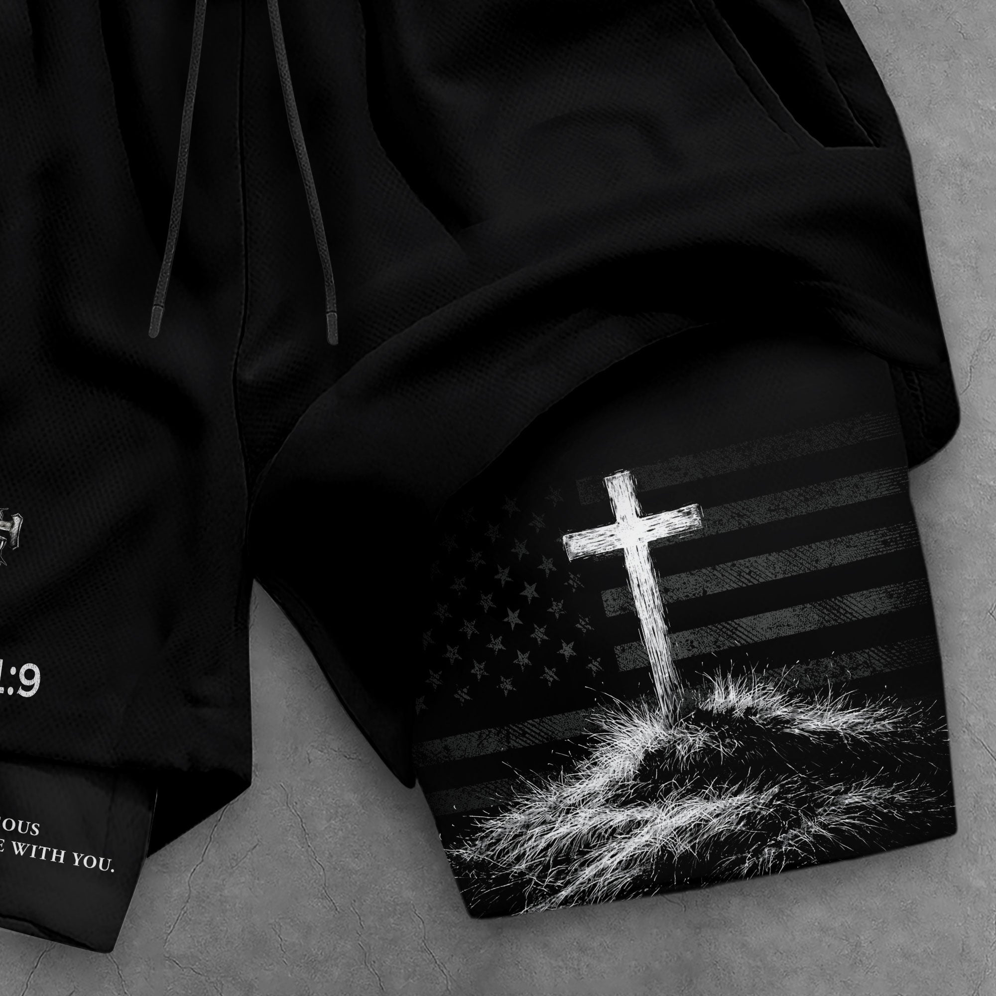 Joshua 1:9 Christian Men Gym Shorts USA Flag Strong and Courageous Athletic Activewear