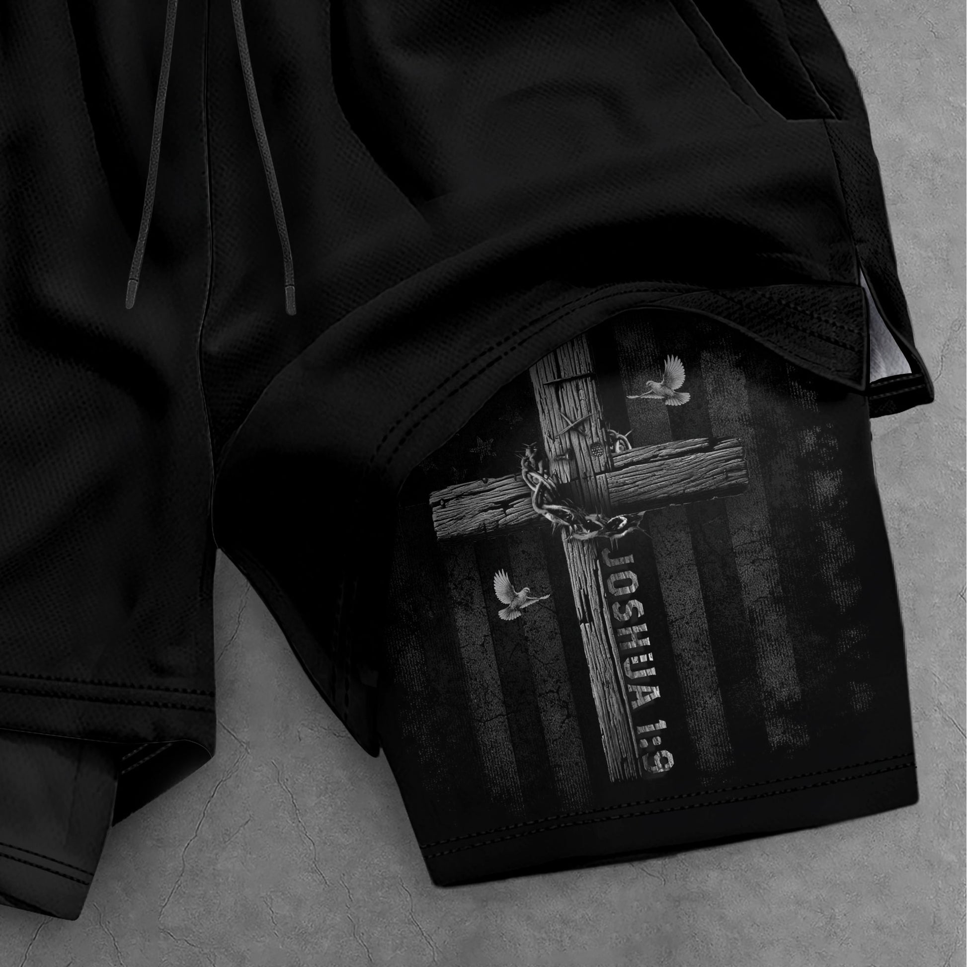 Joshua 1:9 Bible Verse Christian Men Gym Shorts Be Strong and Courageous Jesus USA Flag Knight Activewear - Rust Field Wear