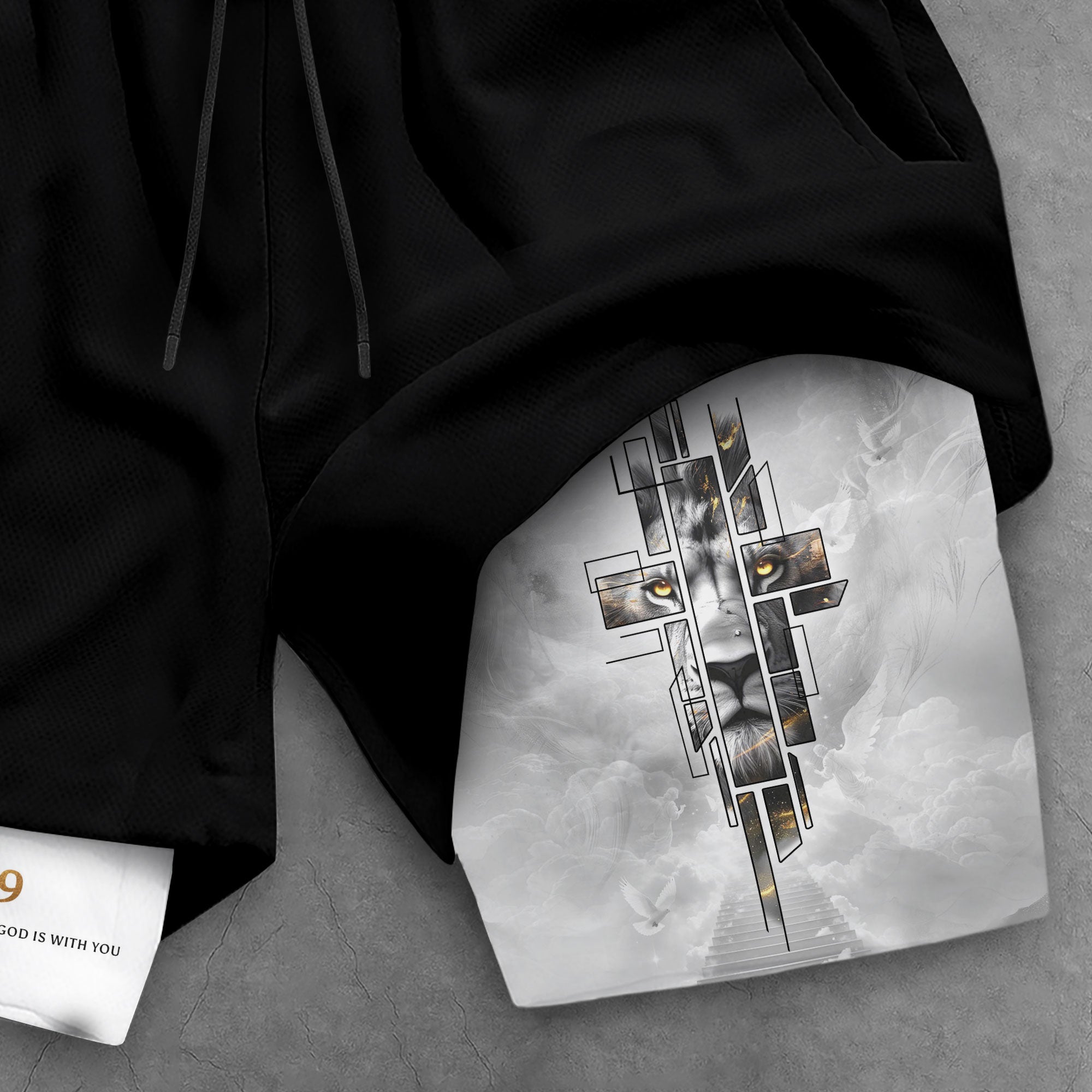 Joshua 1:9 Bible Verse Christian Men Workout Shorts Gold Lion of Judah Training Apparel