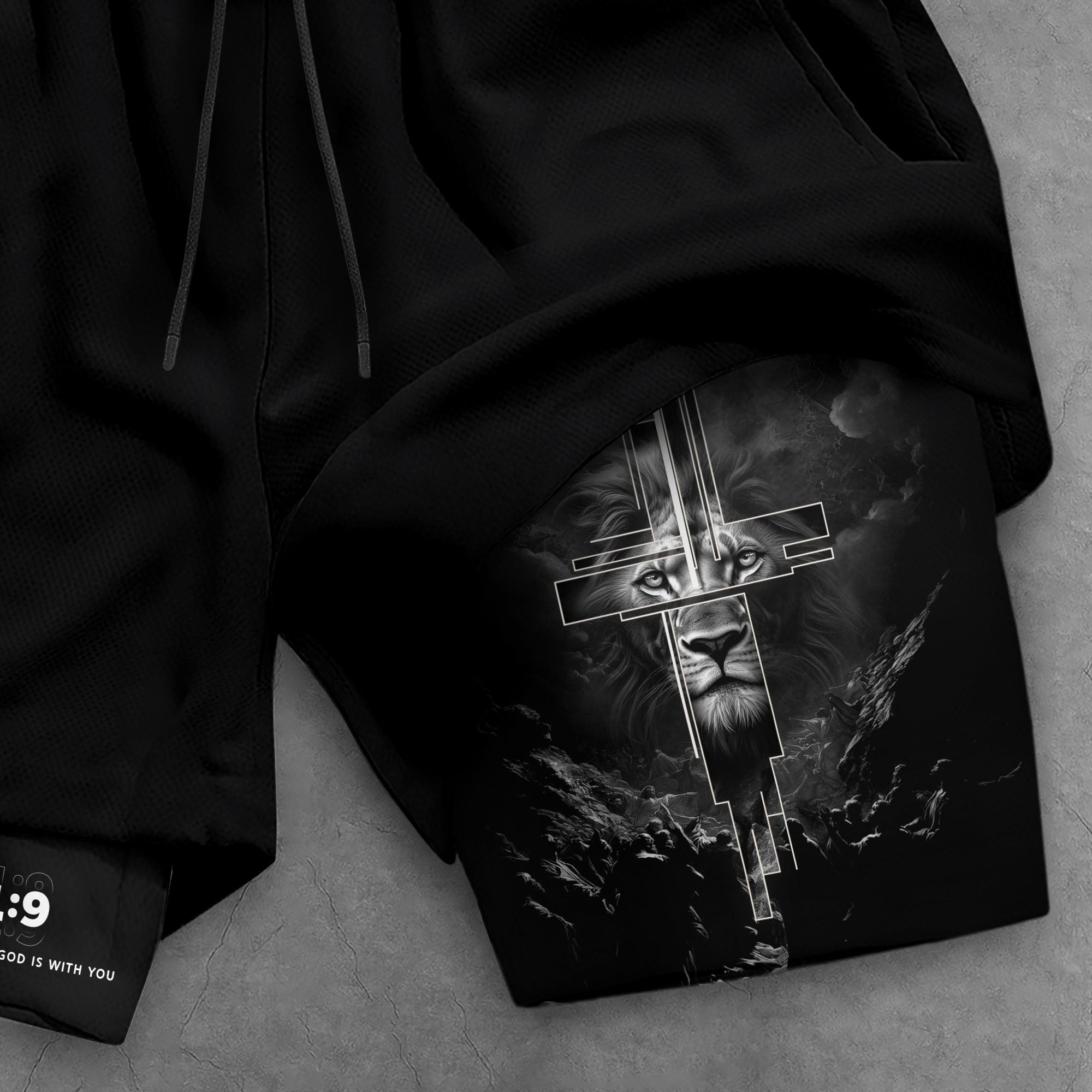 Joshua 1:9 Bible Verse Christian Men Gym Shorts Jesus Cross Nails Lion of Judah Training Activewear