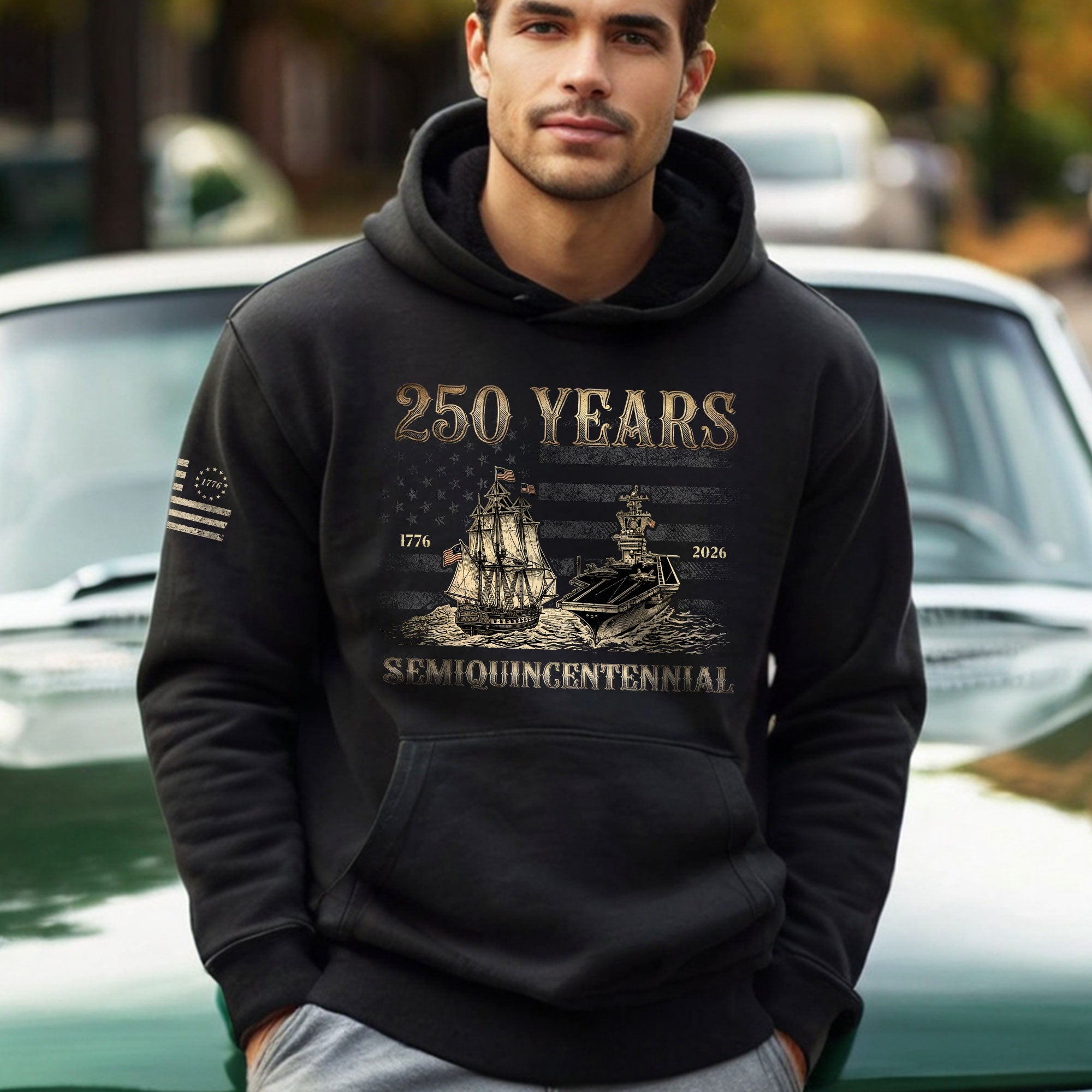 USA 250th Anniversary Hoodie Semiquincentennial 1776-2026 Retro American Sailing Ship Patriotic