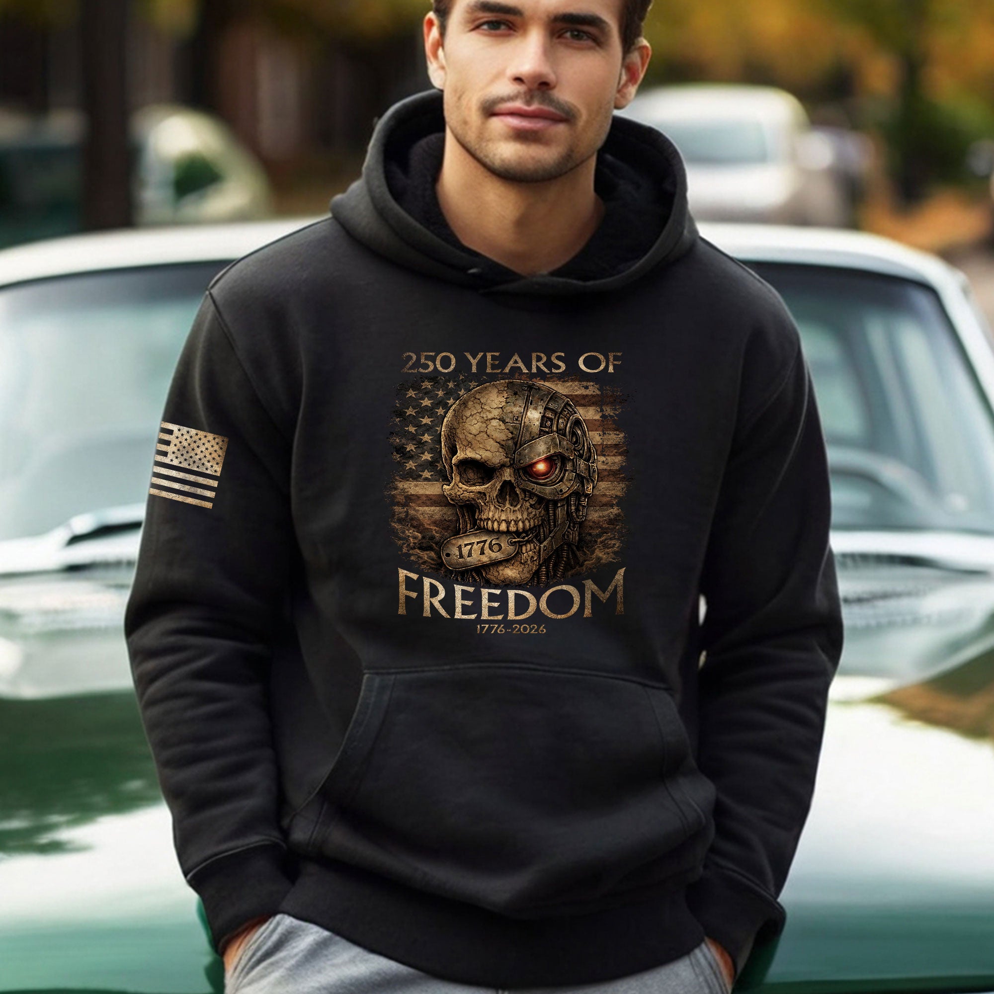 USA 250th Anniversary 250 Years of Freedom Semiquincentennial Hoodie 1776-2026 Vintage Cyber Skull Patriotic