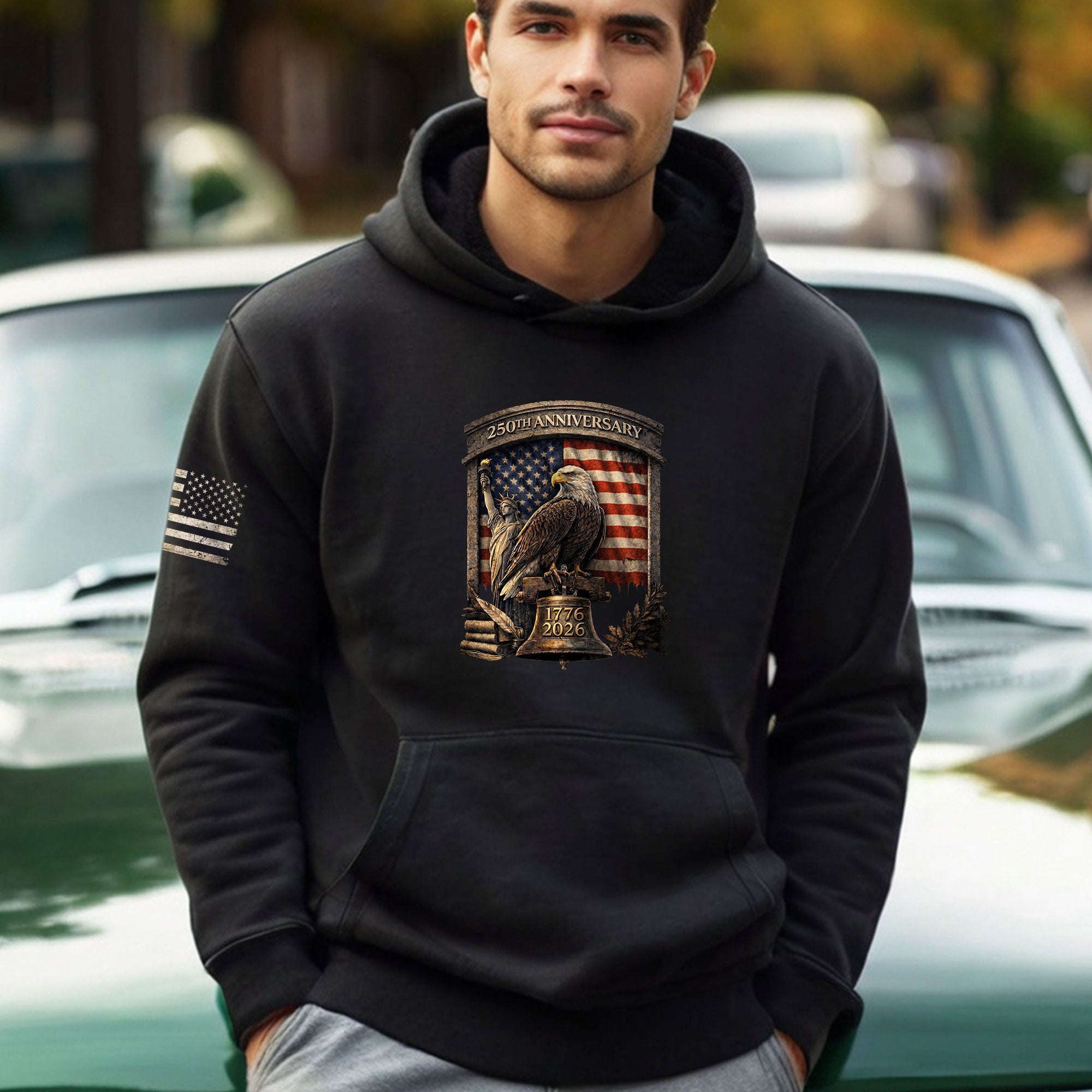 USA 250 Years Anniversary Hoodie 1776-2026 American Heroes Liberty Bell & George Washington Patriotic