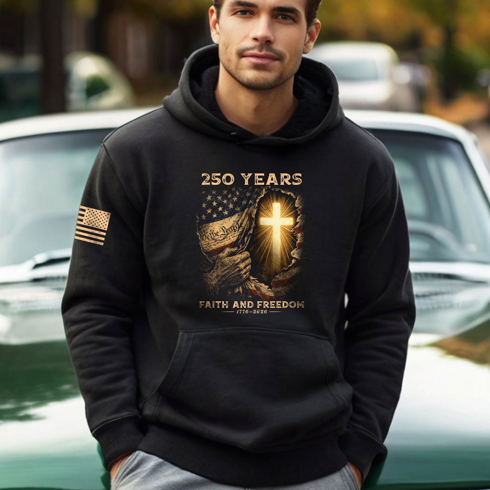 USA 250th Anniversary Hoodie 1776-2026 – Glowing Cross US Flag 250 Years Faith & Freedom Patriotic Hoodie