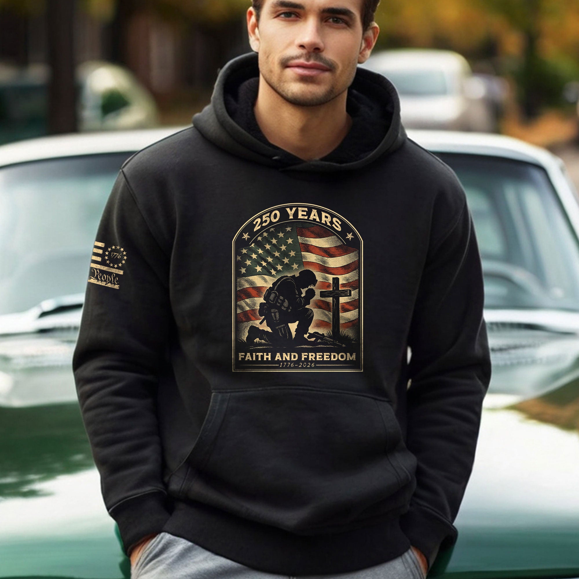America 250th Anniversary Hoodie 1776-2026 – Kneeling Soldier Cross US Flag 250 Years Military Patriotic Men’s Hoodie